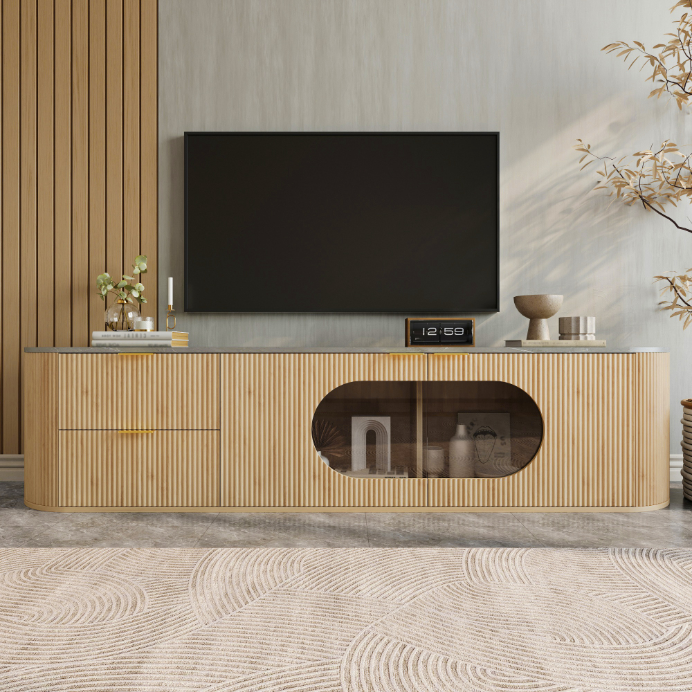Image of Tv Cabinet With Natural Wood Look, Vertical 3d Door , Oval Glass Vitrine For Living Room