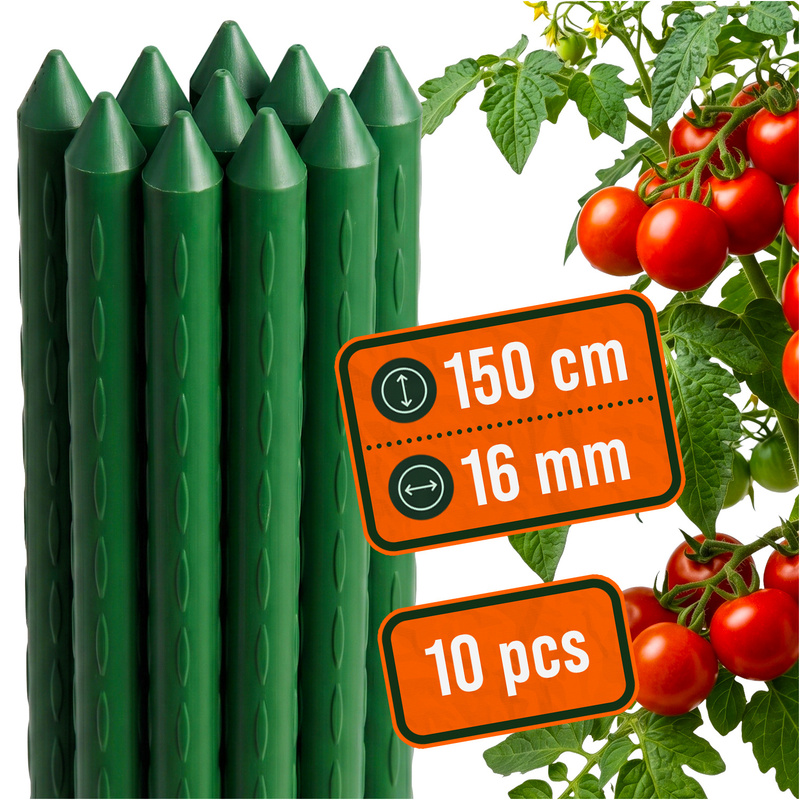 TEMU Tomato Stakes 150 Cm Set Of 10, Tomato Stakes 16 Mm Made Of Coated Steel, Garden Plant Supports With Protrusions For Easy Attachment Of Shoots
