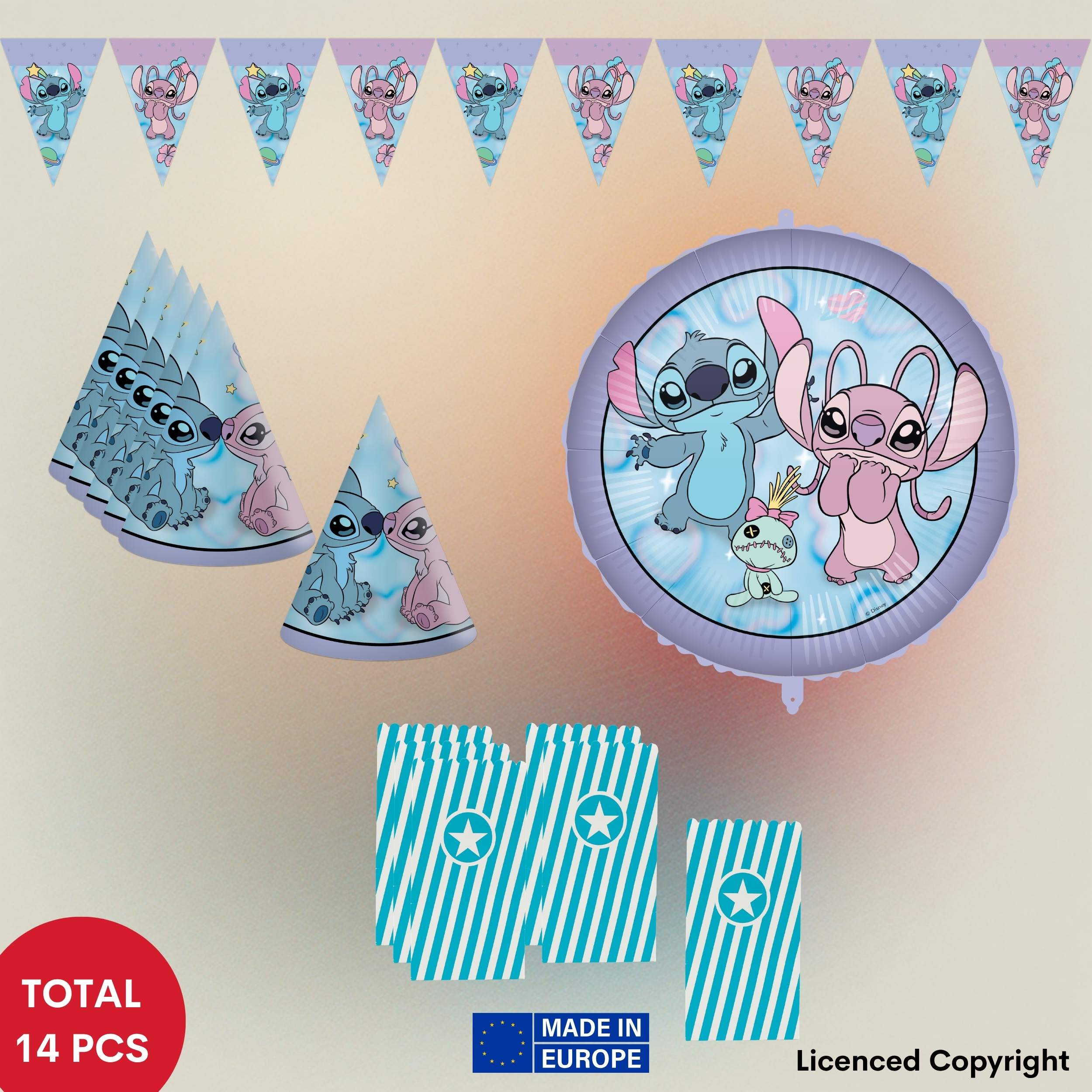 Image of 14-piece And Stitch Kids' Birthday Party Decoration Set - 1 Bunting Garland, 6 Party Hats, 1 Foil Balloon (46cm) And 6 Popcorn Bags. Perfect For Themed Parties & Kids' Birthdays!