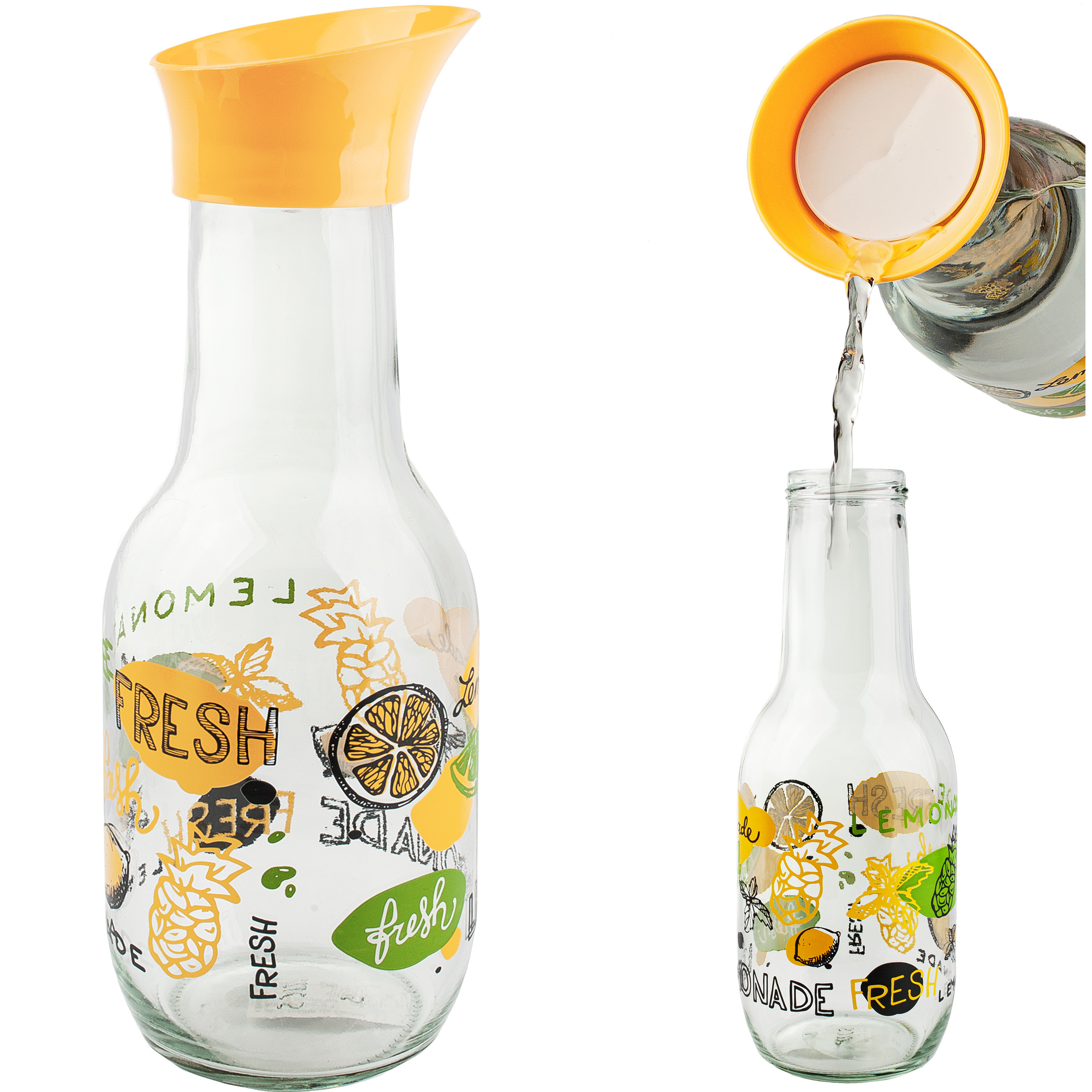Image of 1 Liter - Large Glass - Jug / Pitcher / Water Carafe - Beverage Dispenser - Lid With Pouring Aid & Tilt Closure - Fruit & Lemons - Carafe Cooler Carafe - Glass..