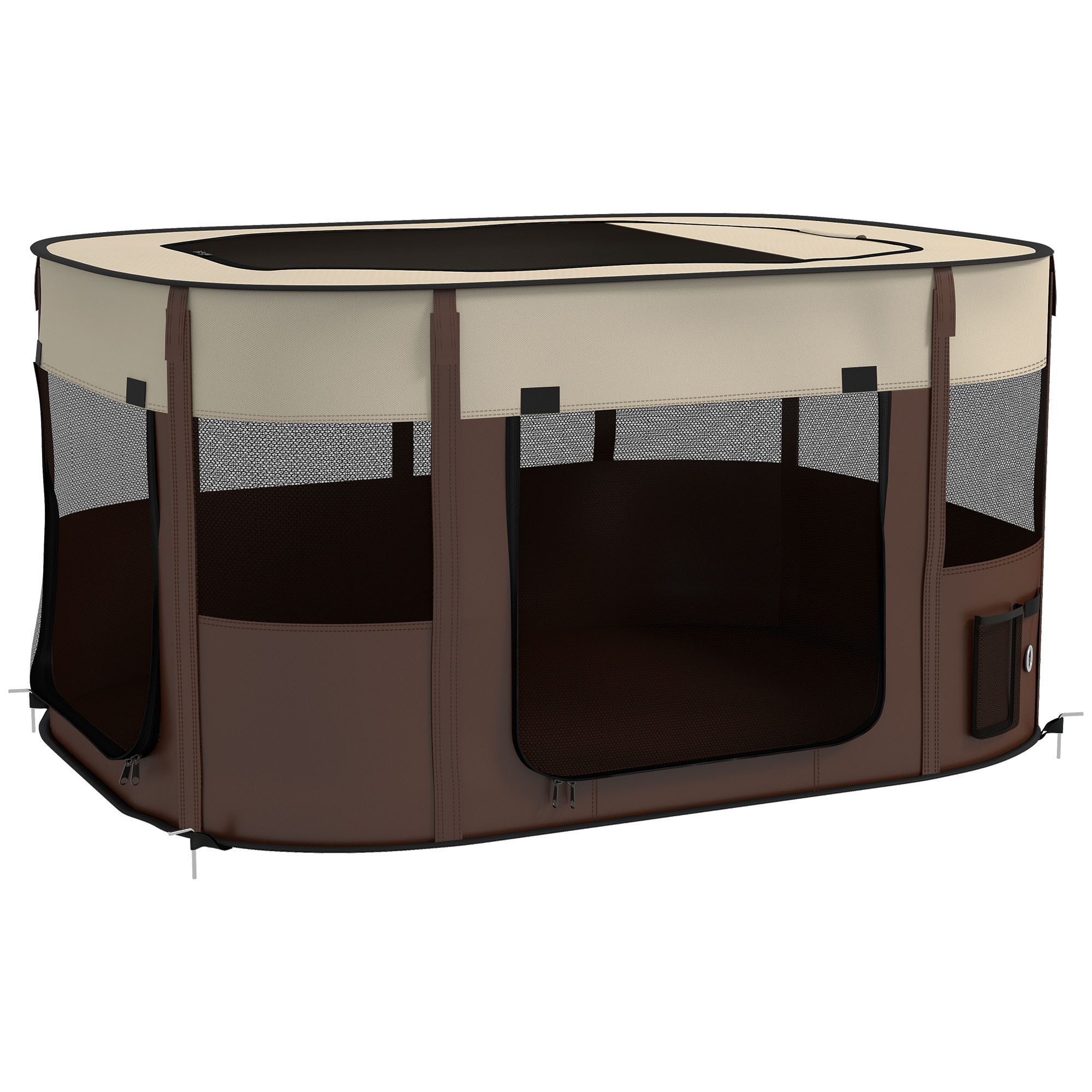 Image of Oxford Fabric Pawhut , Puppy Park, Outdoor Pet Enclosure, With Storage Pockets, Foldable Dog And Puppy Enclosure, 114 X 89 X 59 Cm, Cream White And Brown