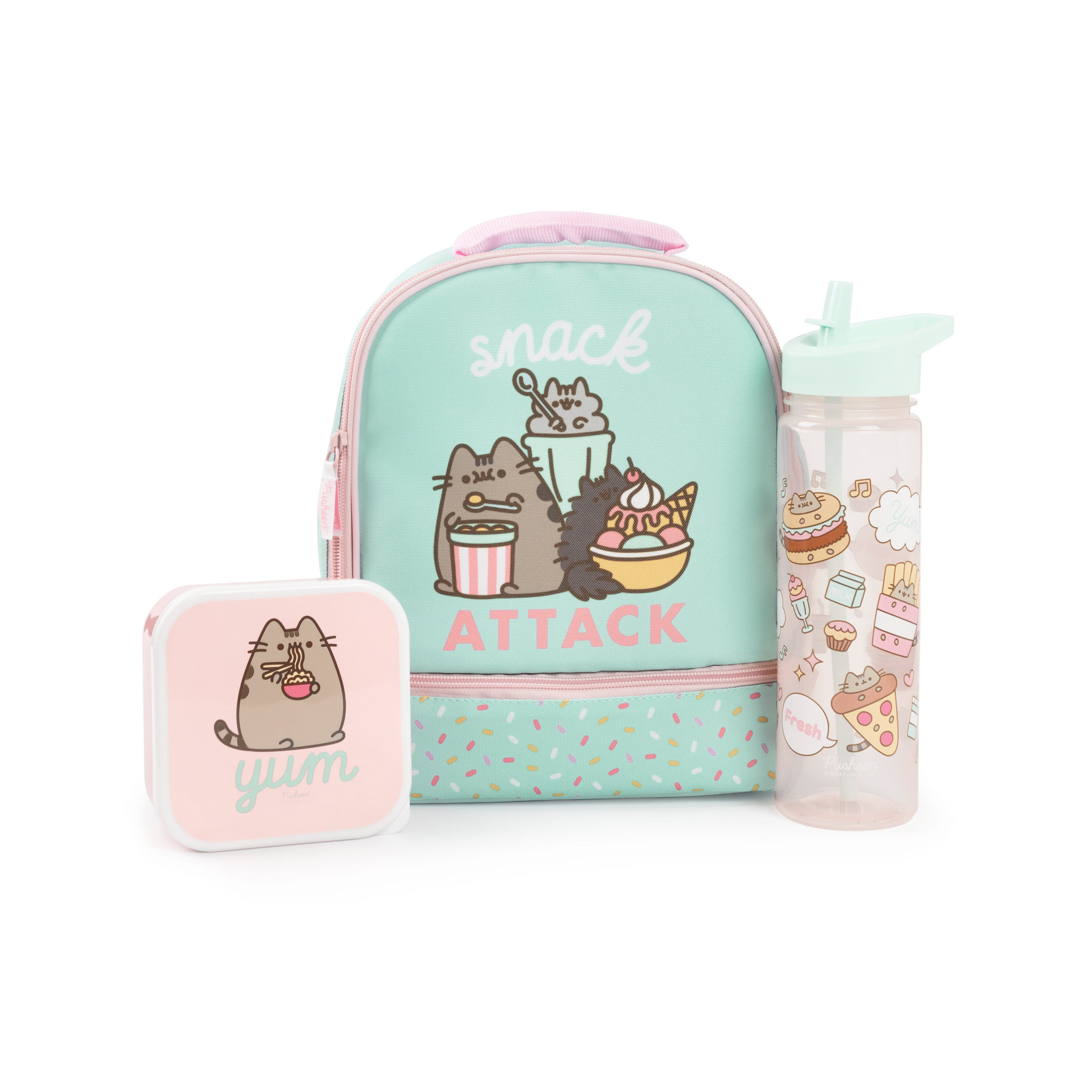 TEMU Pusheen The Cat Mint Lunch Bag, Lunch Box And Drinks Bottle Set | Snack Polkadot School Lunch Set For Girls | Transparent Water Bottle | Pusheen