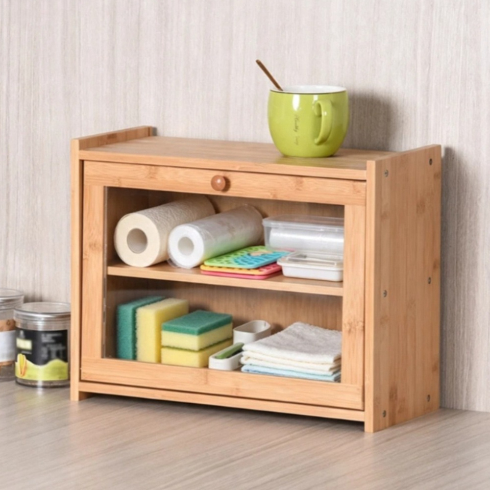 Bamboo Kitchen Storage Cabinet With Acrylic Window, 2-tier Countertop Organizer For Spices Bread Tools, Space- Desktop Cabinet For Kitchen, Living Room, Office | 40x17x31 Cm