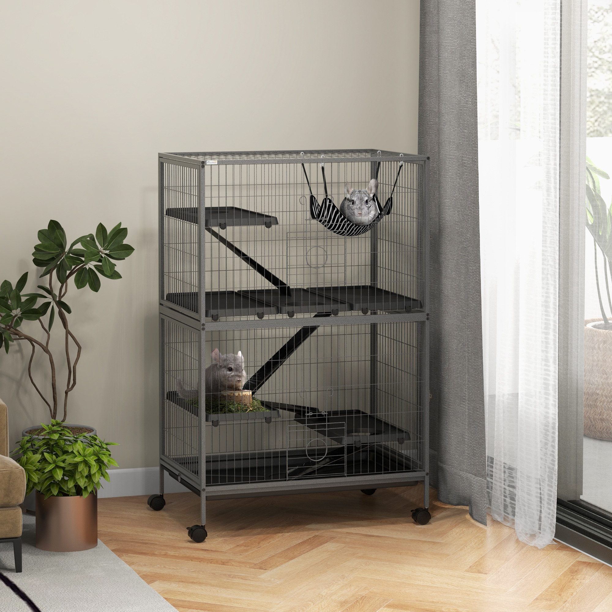 Image of Small Animal Enclosure With Pull-out Tray, Hammock, Ramps, Wheels - Small Animal Cage For Small Pets, Squirrels, , 80 X 52 X 128 Cm, Gray
