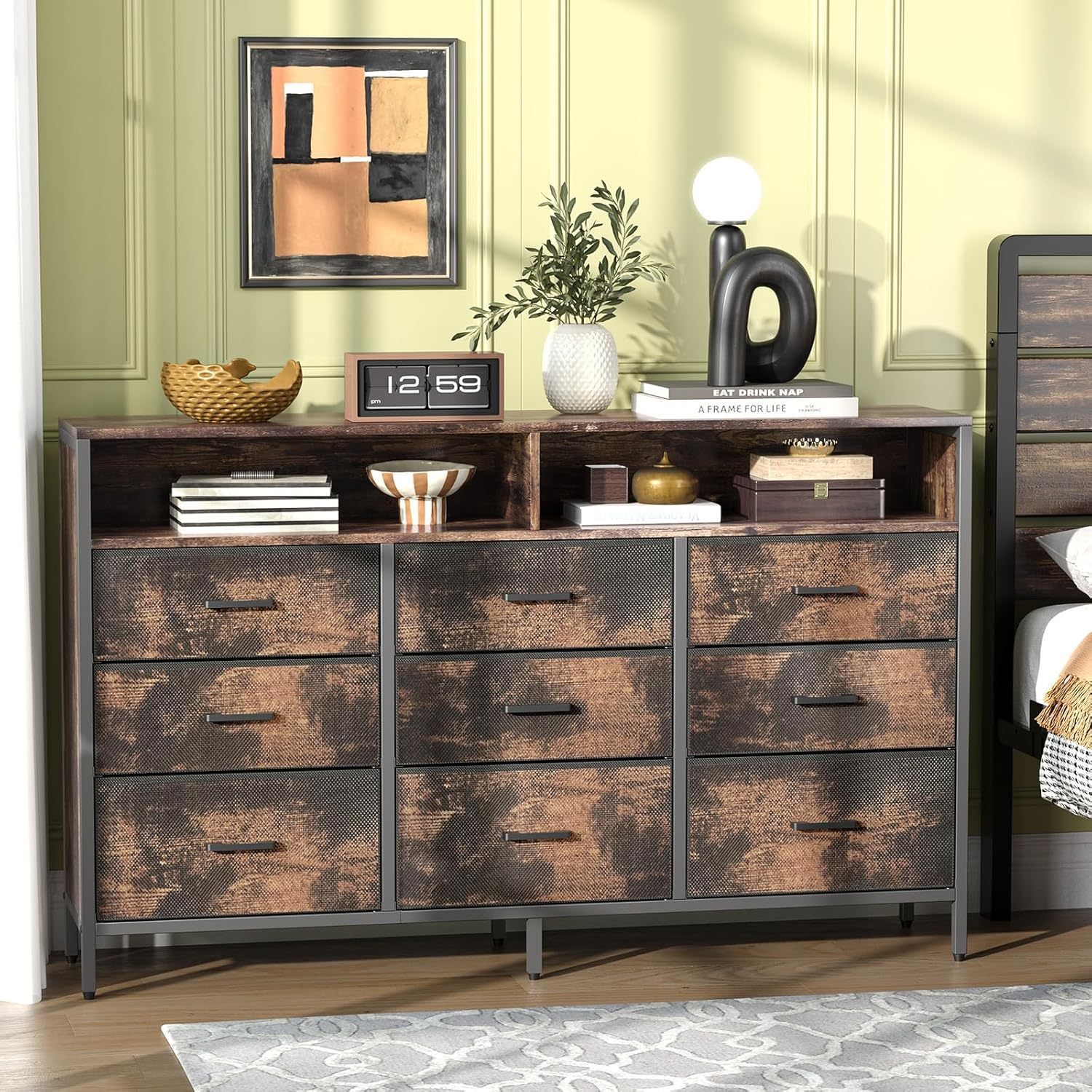 Image of Solid Wood Dresser With Drawers, Sideboard, 9 Drawers With Anti-slip Protection, 6 Black Metal Handles, Modern, Vintage Color Dresser, 140x30x87 Cm