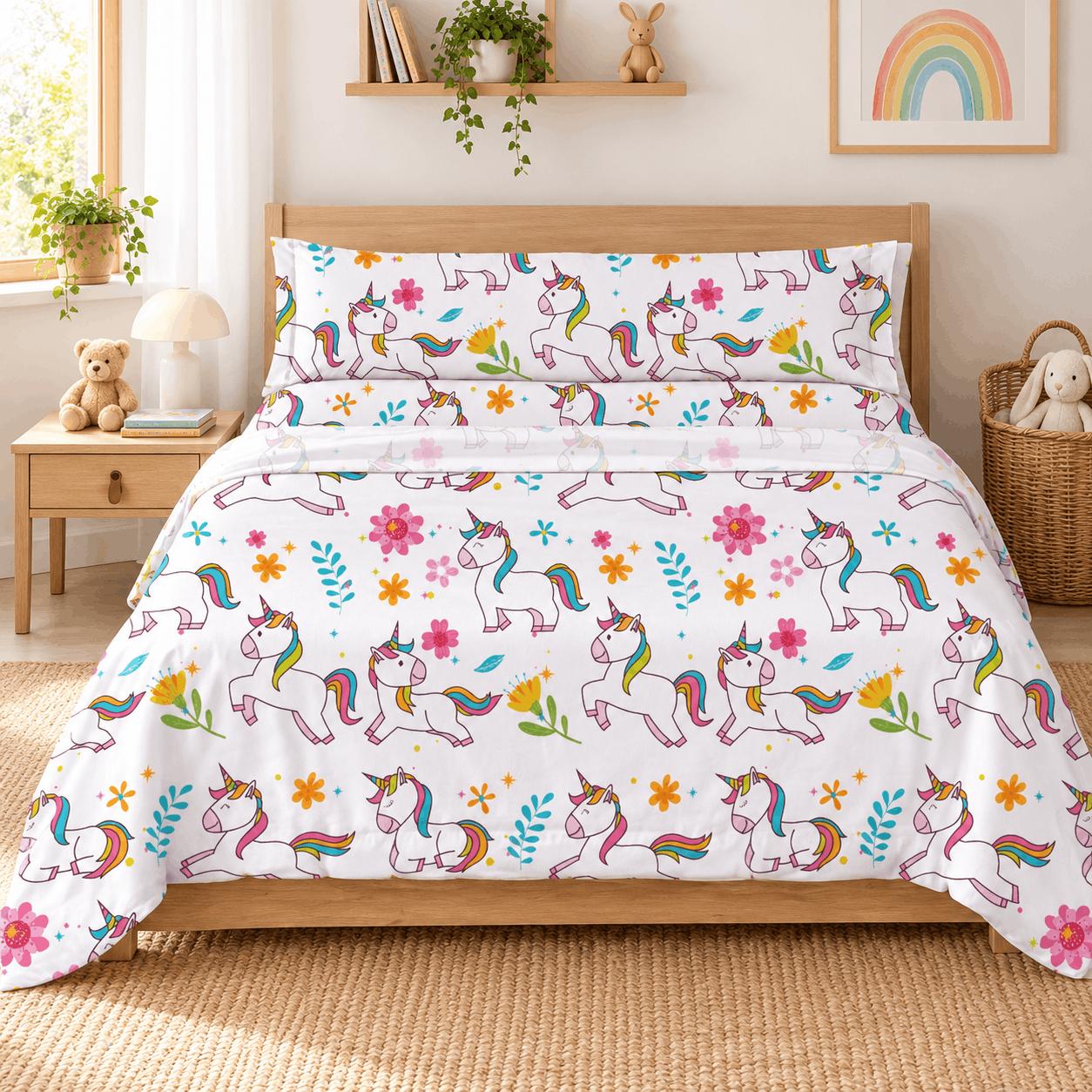 TEMU Juego de Sábanas Infantil , 3 Piezas con Sábana Encimera, Bajera Ajustable 25 cm y de Almohada, Diseño Arcoíris y Flores, , Cama 90/105