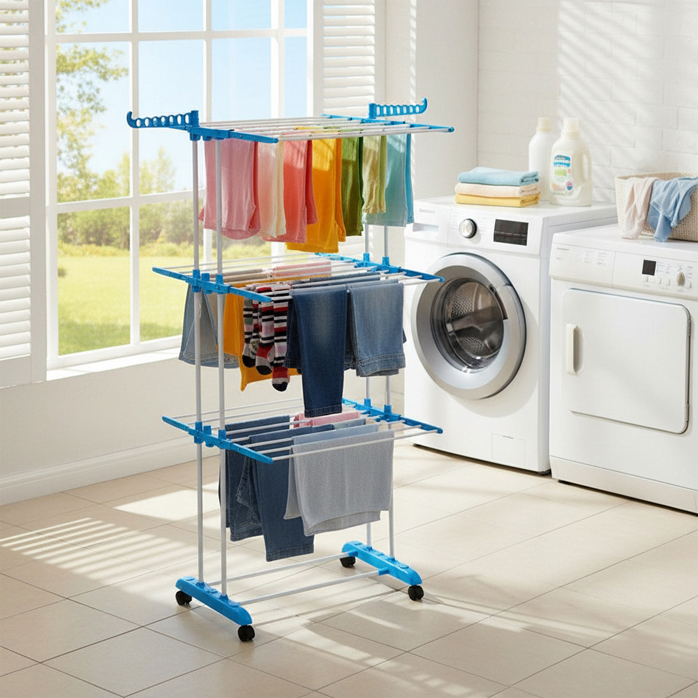 TEMU Free Standing Clothes Drying Rack Foldable, Multi Purpose Clothes Airer, Metal Drying Rack Laundry With Wheels, Portable Drying Rack Indoor &