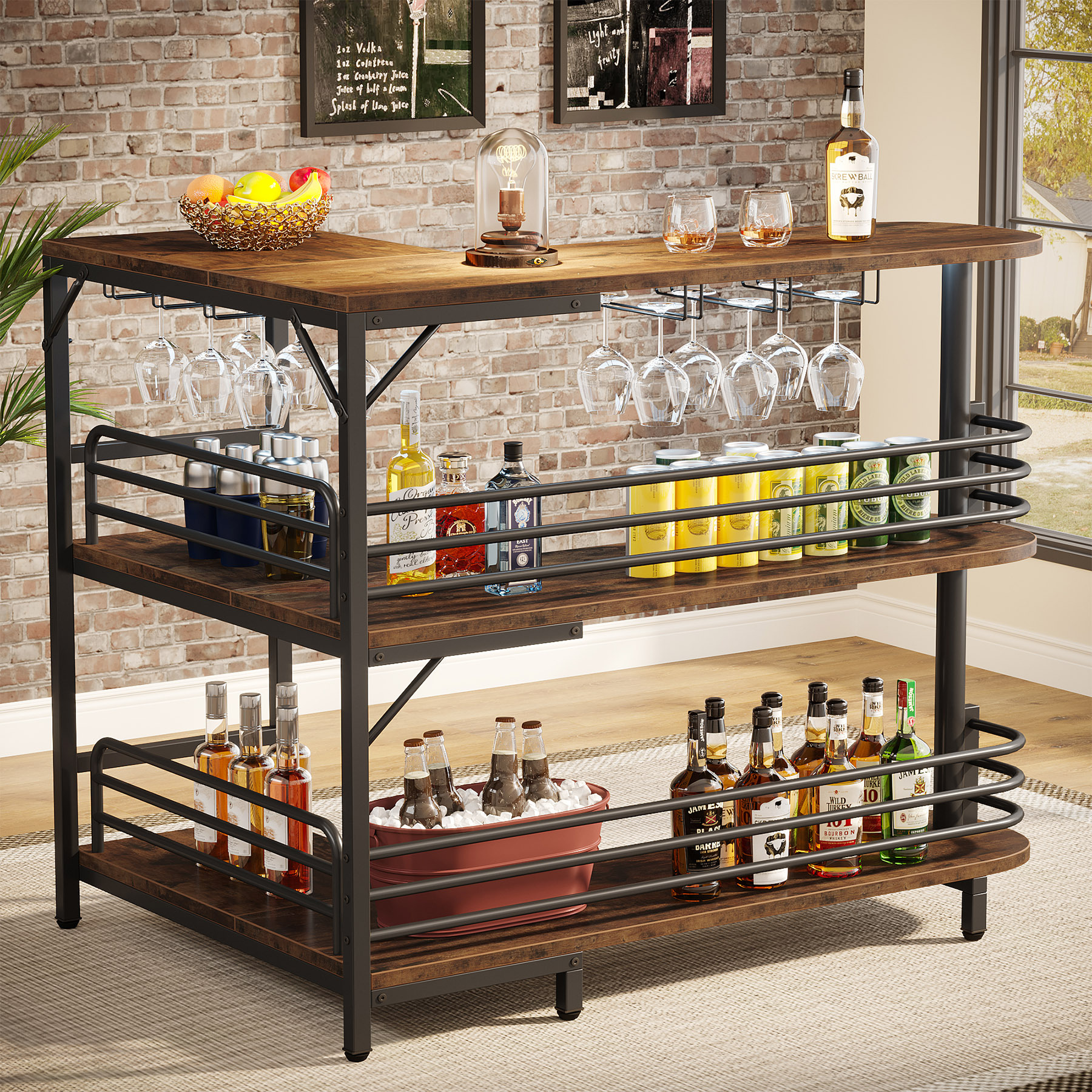 L-shaped Bar Table, 3-tier Liquor Bistro Table With Shelf Wine Rack And Wine Glass Holder, Industrial Table, For Living Room, Kitchen, , Rustic Brown.