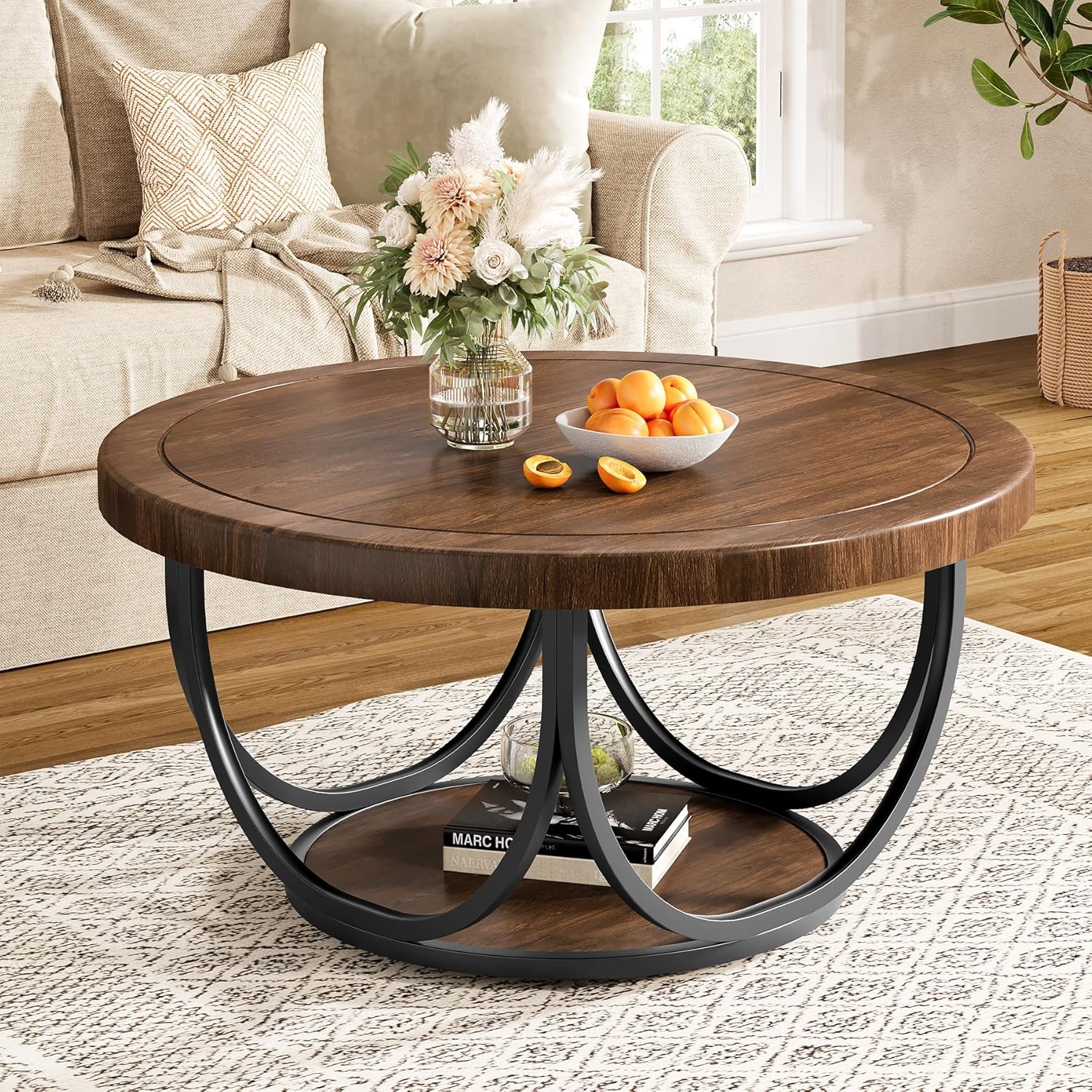 Farmhouse Round Coffee Table With 2 Tiers, 80 Cm Wooden Circle Accent Cocktail Table With Storage Shelf And Metal Frame, Industrial Center Tables For Living Room