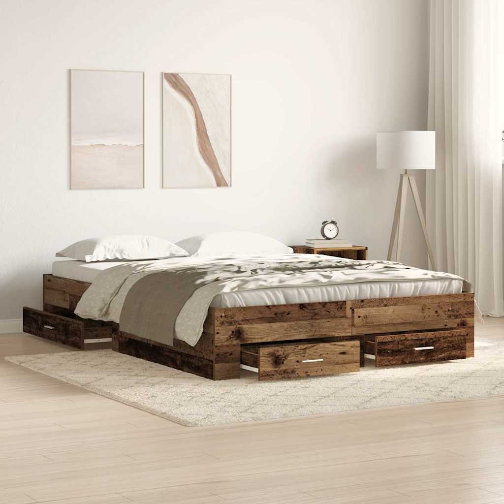 Image of Vidaxl Bed Frame With Drawers 140 X 200 Cm Wood Material, Modern Bed Frame With Storage Space, Stylish Rectangular Design, Functional Furniture For Small Spaces