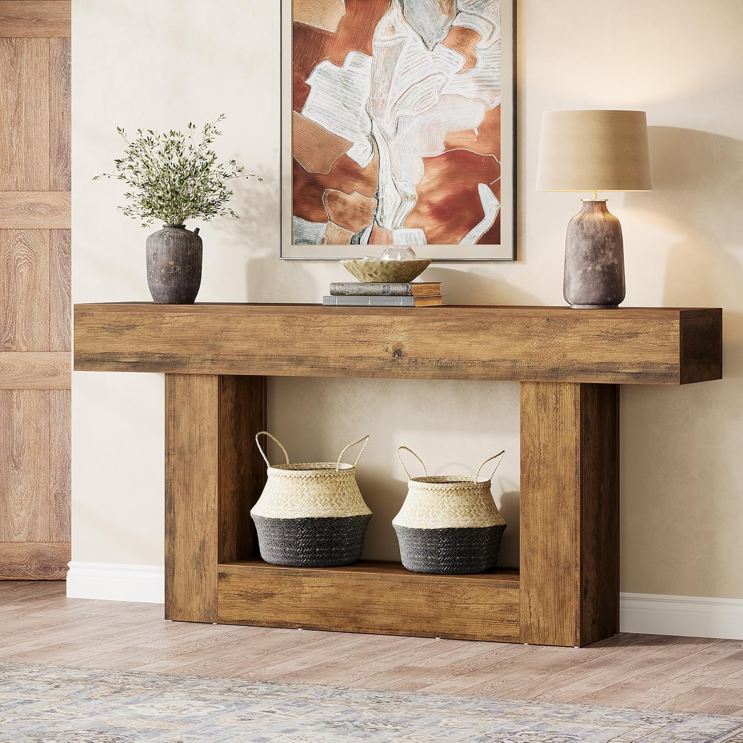 E-shop Landhaus-Konsoletisch, 160 cm lang, 2-stufiger Eingangstisch, Vintage Sofatisch mit Stauraum, schmaler Holz-Couchtisch für Wohnzimmer, Flur