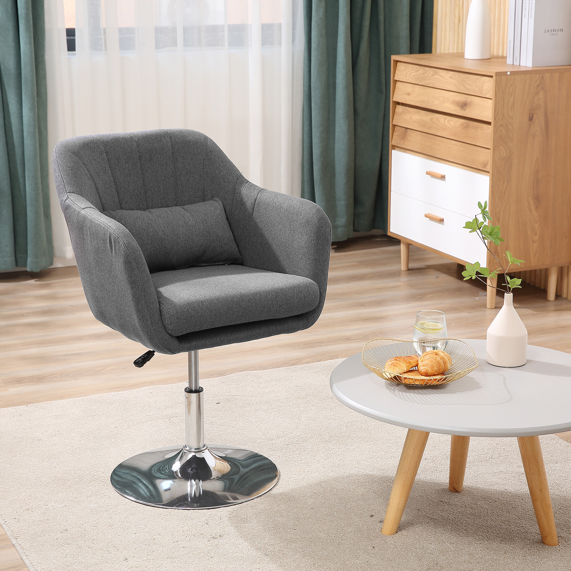 Image of Armchair Lounge Chair With Armrest, Lumbar Cushion, Upholstered Relax Chair With Metal Frame, Linen Look, Height Adjustable Swivel Chair For Bedroom, Living Room, Dark Gray