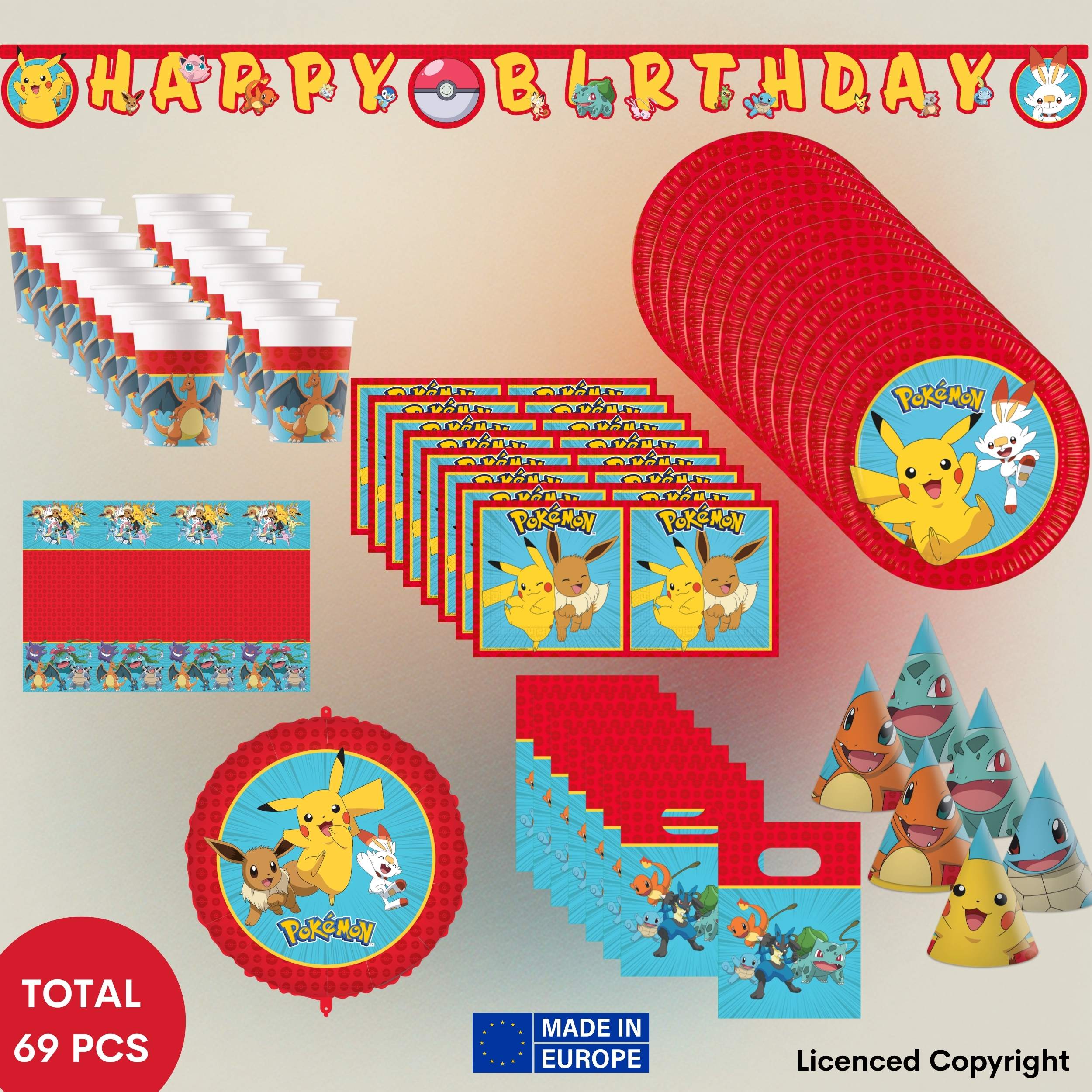 TEMU 73-tlg. Partyset Bunte Kindergeburtstags-Deko für kleine Fans! Mit 16 Tellern (23 cm), 20 Servietten (33×33 cm), 6 Partyhüten, 8 Partytüten, 1