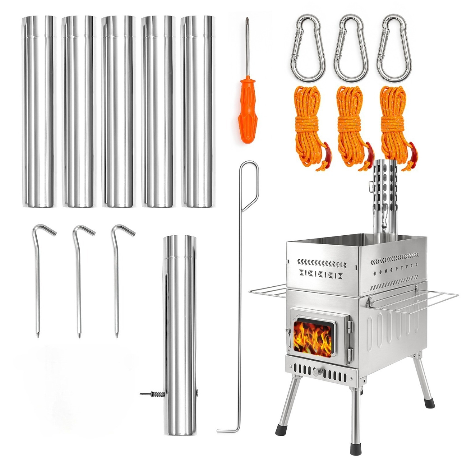 Image of Portable Stove With Chimney – Foldable Stove With Stone Holder And Sight Window For Sauna Tent, Camping, Cooking & Outdoor Heating