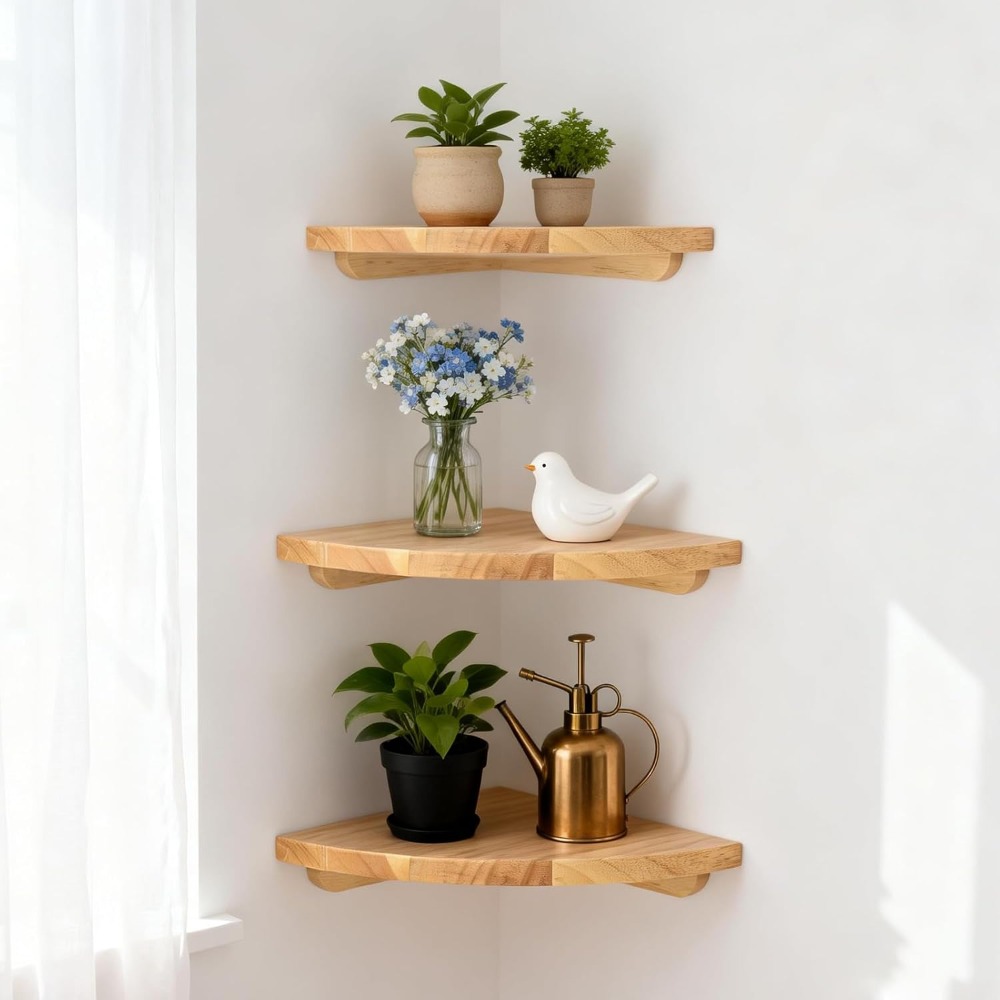 2pcs Solid Oak Corner Wall-Mounted Shelf with a Floating Rounded Corner Design And Cable Management Hole. This 90° Corner Wall-Mounted Shelf Is Suitable for Placing Speakers, Small Plants, Picture Frames, Etc., And Is Suitable for Bedrooms.