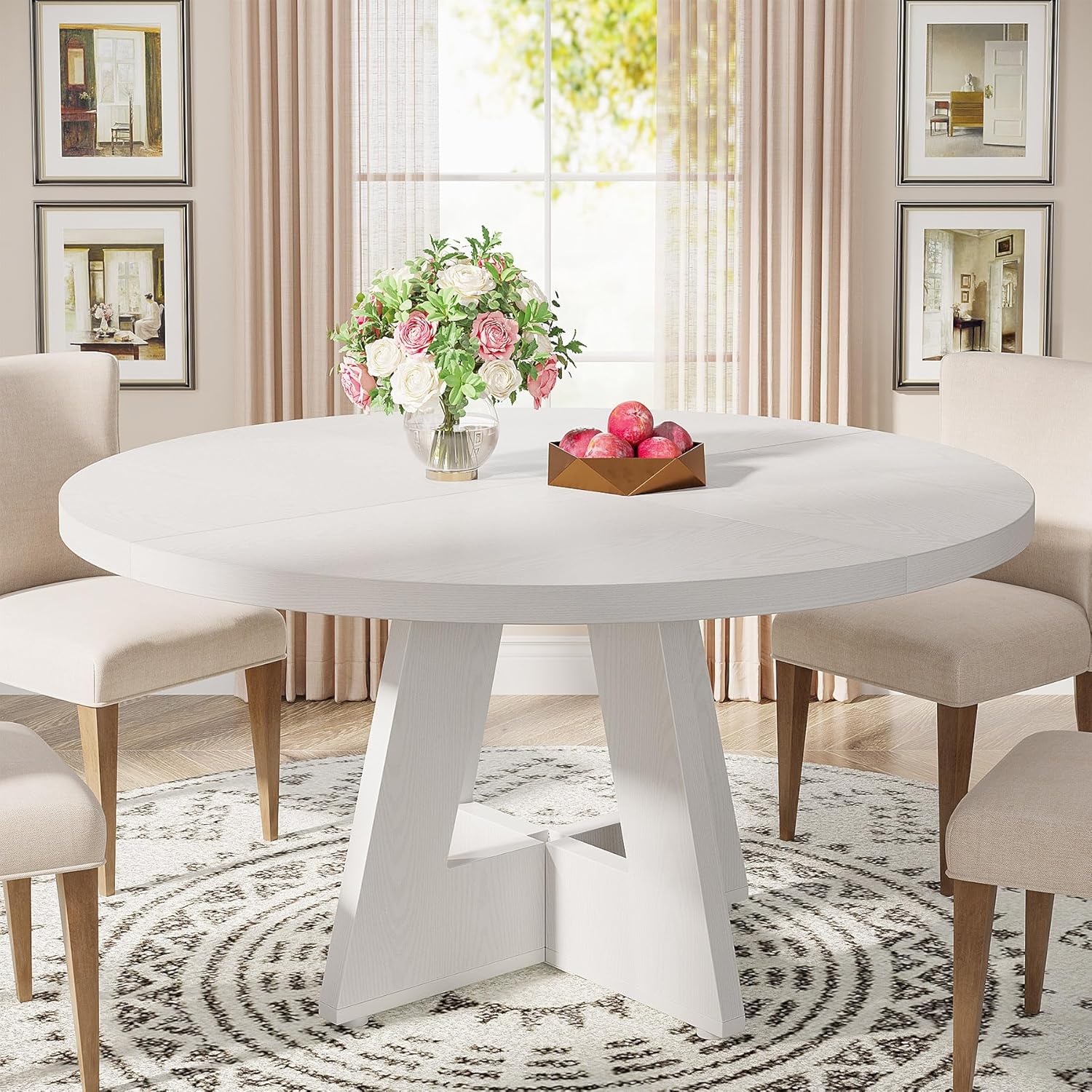 Modern 120 Cm Round Dining Table, Wood Kitchen Table For Dining Room, Vintage Dinner Room Tables For 4-6, Farmhouse Accent Furniture With Wooden Tabletop And Base For Living Room, White