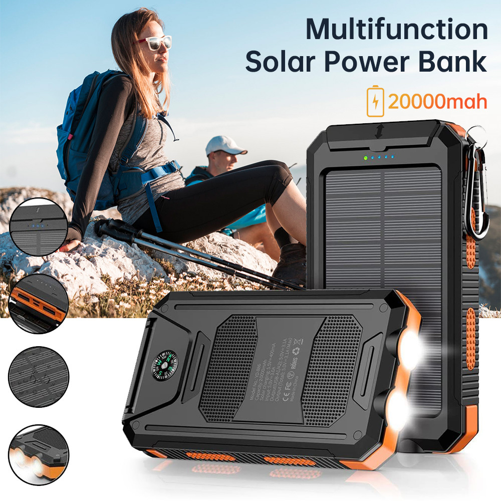 Image of 1pc 20000 Mah Solar Power Bank With Dual Usb Ports, Portable Solar Phone Charger With 2 Led Flashlights & Compass, Ip44 Power Bank For Outdoor, Camping, Smartphones Tablets (orange)