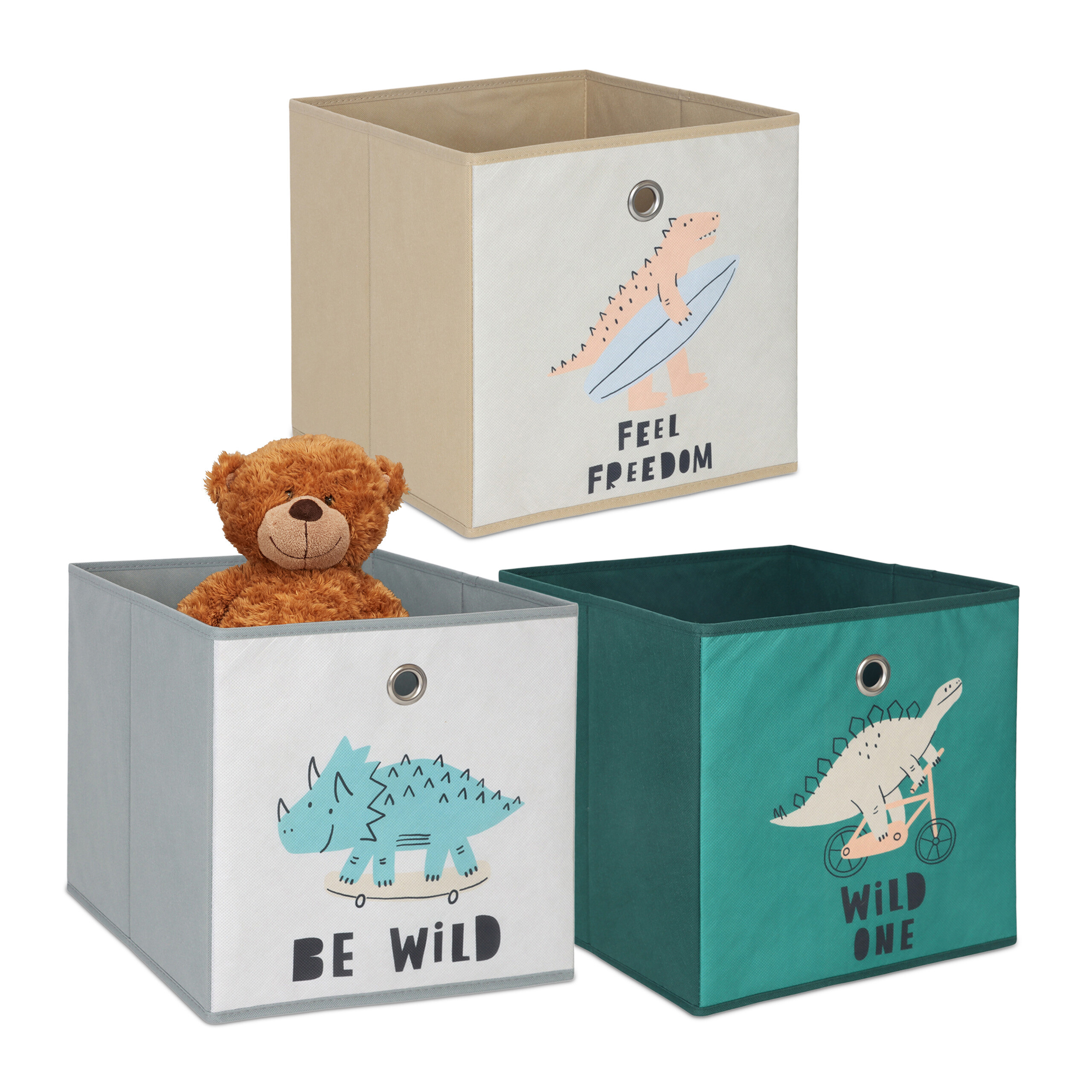 TEMU Dino Storage Boxes, Set Of 3, 30 X 30 X 30 Cm, Foldable To 2 X 30 X 30 Cm, Non-woven Fabric, Cardboard, And Steel, Colorful, With Carry Handle,