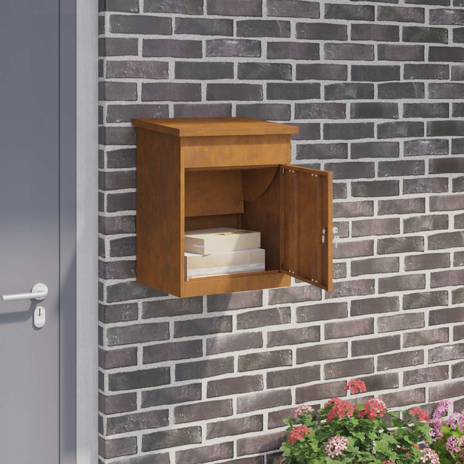 Parcel With Door, Rusty, 47.5 X 38 X 59 Cm, Weatherproof Steel, Secure Parcel Box, Es Material, , Outdoor Mailbox, Great Solution For , Garden Decor
