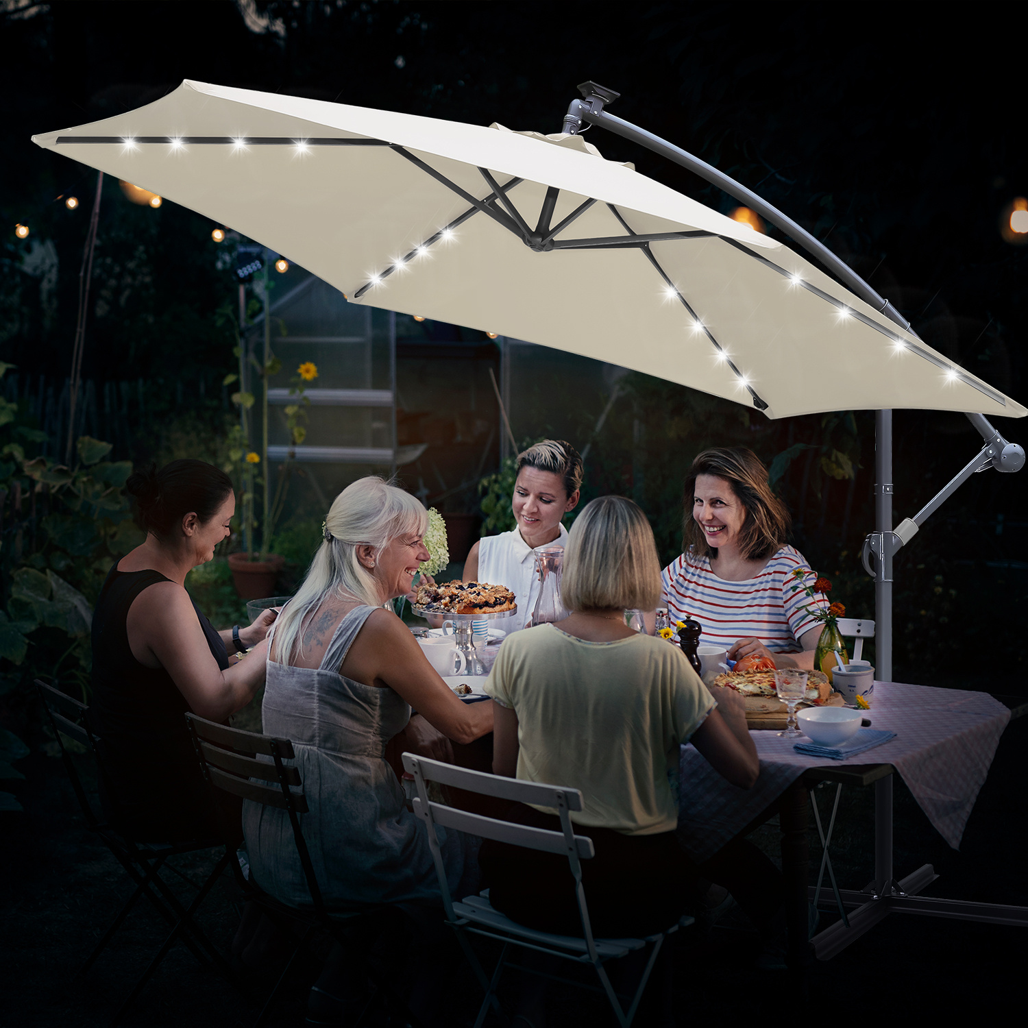 Parasol, parasol cantilever, avec support et lumière, protection solaire, protection UV jusqu'à UV30+, ouverture et fermeture faciles, pour jardin, terrasse, 300 cm