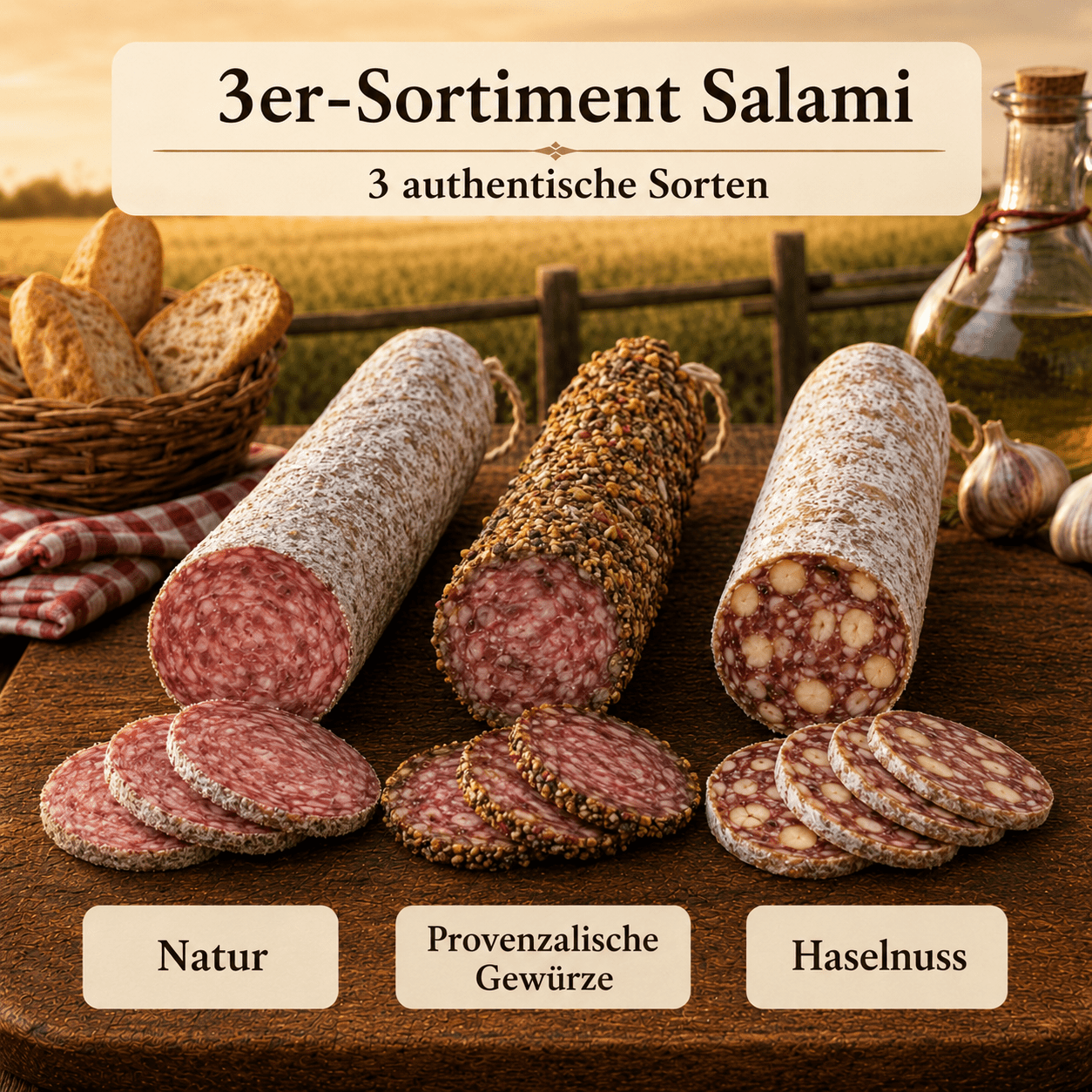 3rd Assortment Salami - Flavors Natural, Provençal Spices And Hazelnuts ◈ Salami 100% French ◈ Natural Casing And Hand-tied ◈ Artisanal Production From The Chillet House Since 1902