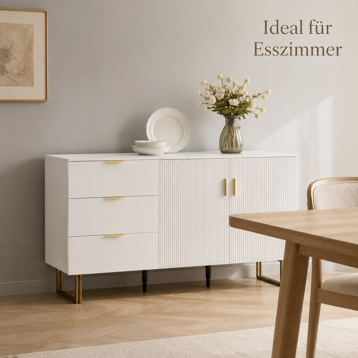 Image of Cream White Sideboard With 3 Drawers And , Storage Cabinet For Dining Room, Living Room, Hallway