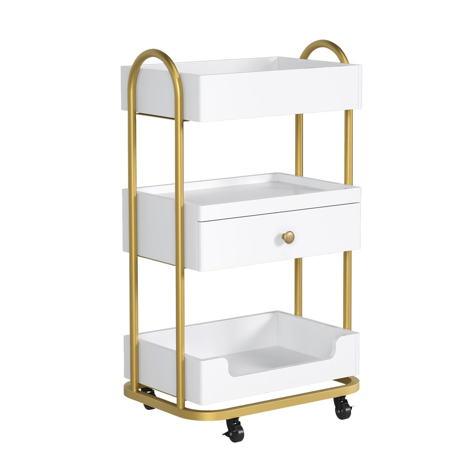 Bonnlo Hairdresser Trolley Salon Cart Serving Cart With 4 Wheels 360° & 3 Open Shelves & Drawers, For Barber Pub/salon/spa, Made Of Mdf 46x31.5x81.5 Cm White-gold (white, 46x31.5x81.5 Cm)