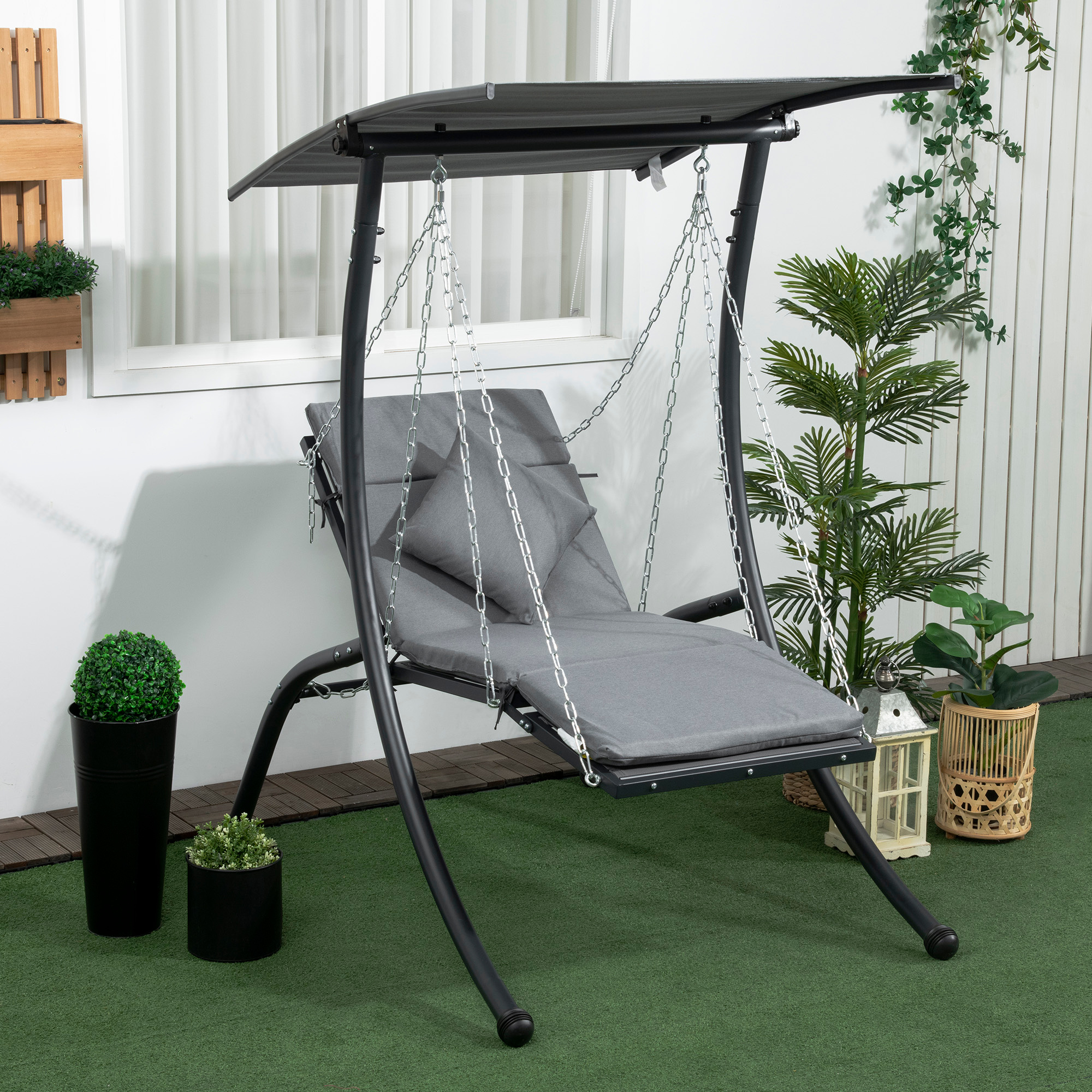 Image of Swing, Garden Swing With Cushions, Hammock With Adjustable For Garden, Balcony, 108 X 145 Cm X 169 Cm, Steel, Dark Grey