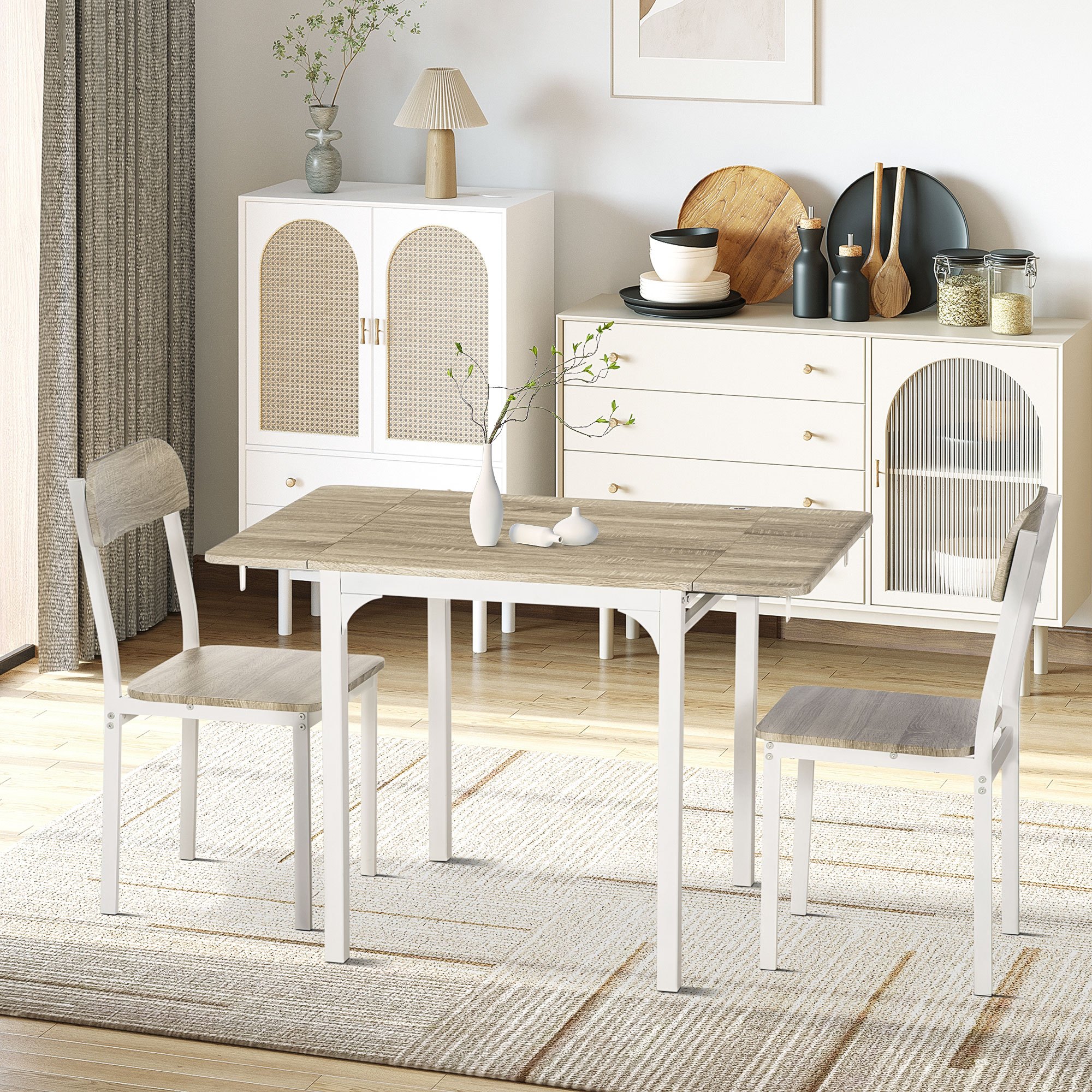 3 Tlg Dining Room Set Dining Set With 2 Chairs And Folding Table Set For Kitchen Small Spaces Steel Mdf Natural+white 110 X 70 X 75 Cm