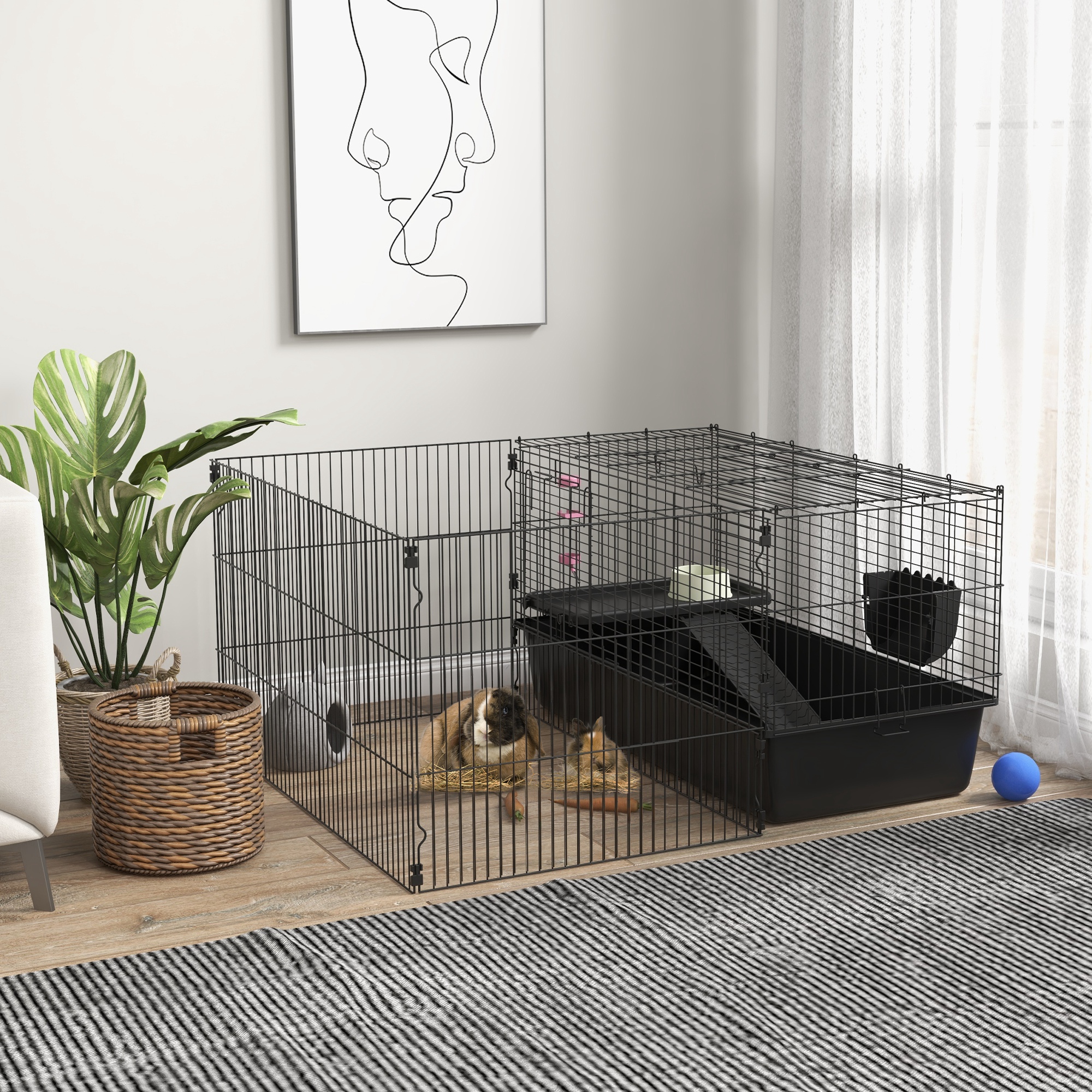 Image of Small Animal Cage, Rodent Cage With Run Area, Ramp, Rabbit Cage With Water Bottle, Food Bowl, Feeding Trough, Guinea Pig Cage For Small Animals, Steel, Black.