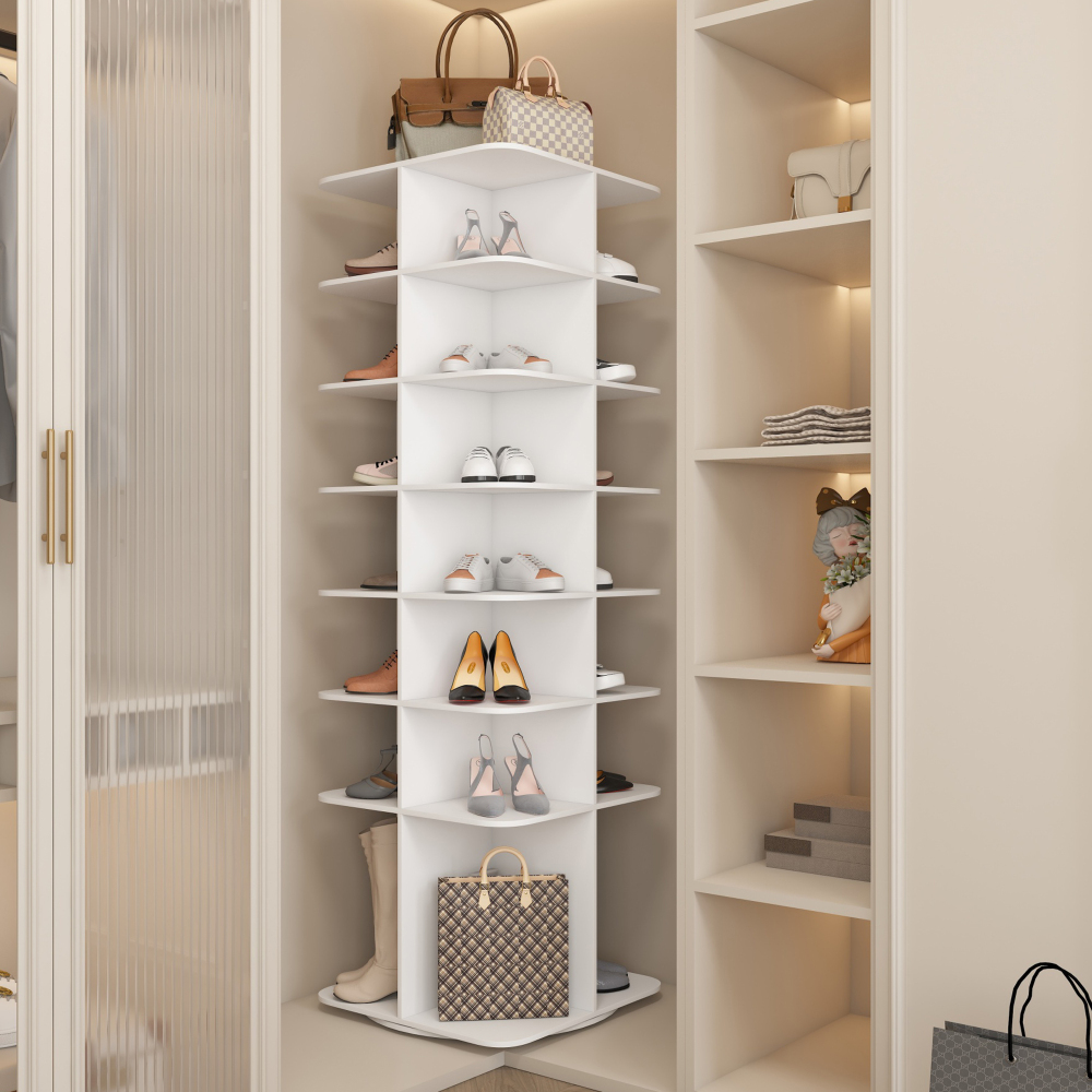 Image of 360° Rotating Shoe Rack | 7-tier Shoe Organizer With Lazy Susan Mechanism | More Storage Space In A Small Area | For Apartment, Entryway & Bedroom | For Boots, Bags & Hats | White