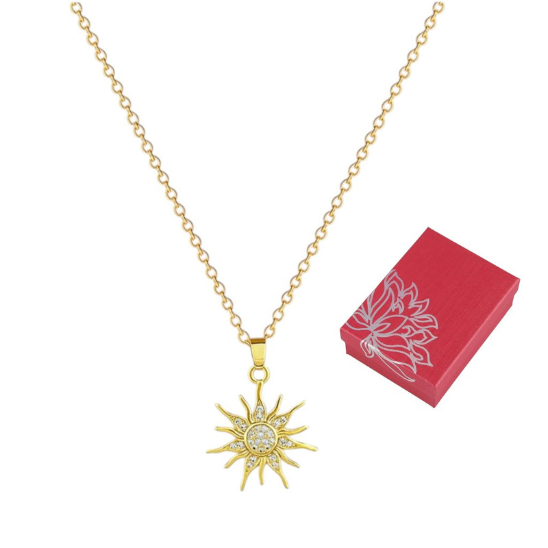 Image of Women's Sun Necklace With Zirconia, Gold, 45cm, Gold Color, For The Neck, Fashion Jewelry, Suitable For Daily And Evening Styles, Decorative Neckline Accent, Easily With A Shirt, Sweater, Or Dress