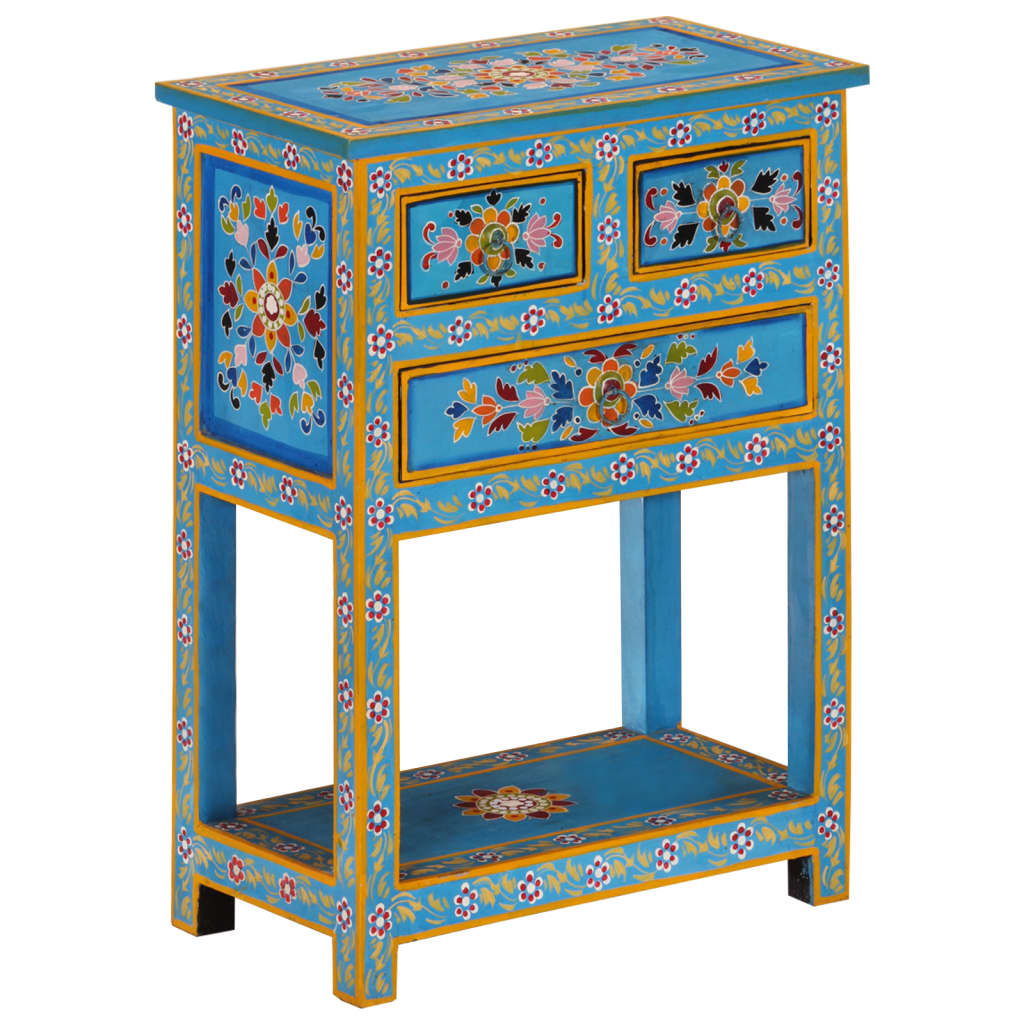 Image of Vidaxl Turquoise Sideboard, Dresser With 3 Drawers And 1 Shelf, Living Room Cabinet With Hand-painted Design, Sideboard Side Cabinet, Turquoise Solid Mango Wood