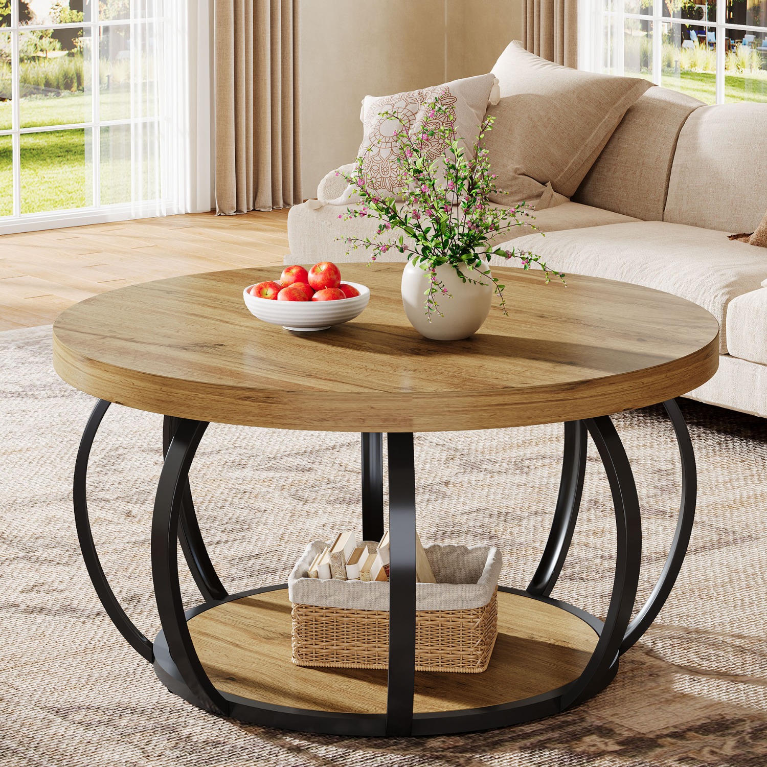 E-shop Runder Couchtisch im Landhausstil, 2-stufiger industrieller runder Couchtisch mit Ablagefächern, moderner Akzent-Couchtisch aus Holz,