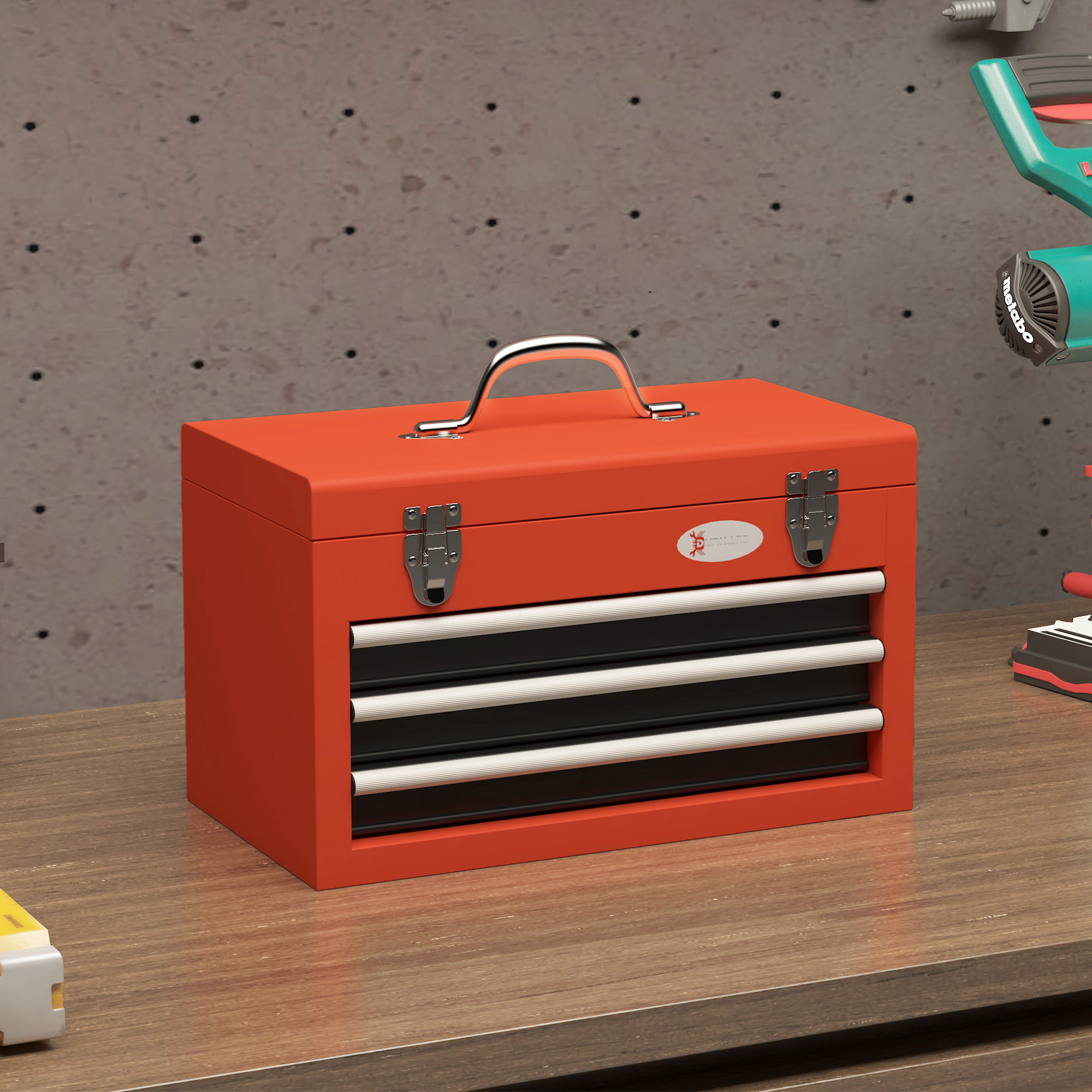 Empty Durhand Tool Box, 45 X 24 X 27 Cm Tool Box With 3 Drawers, Top Storage Compartment, Handle, Tool Case With 2 Locks, Steel, Red