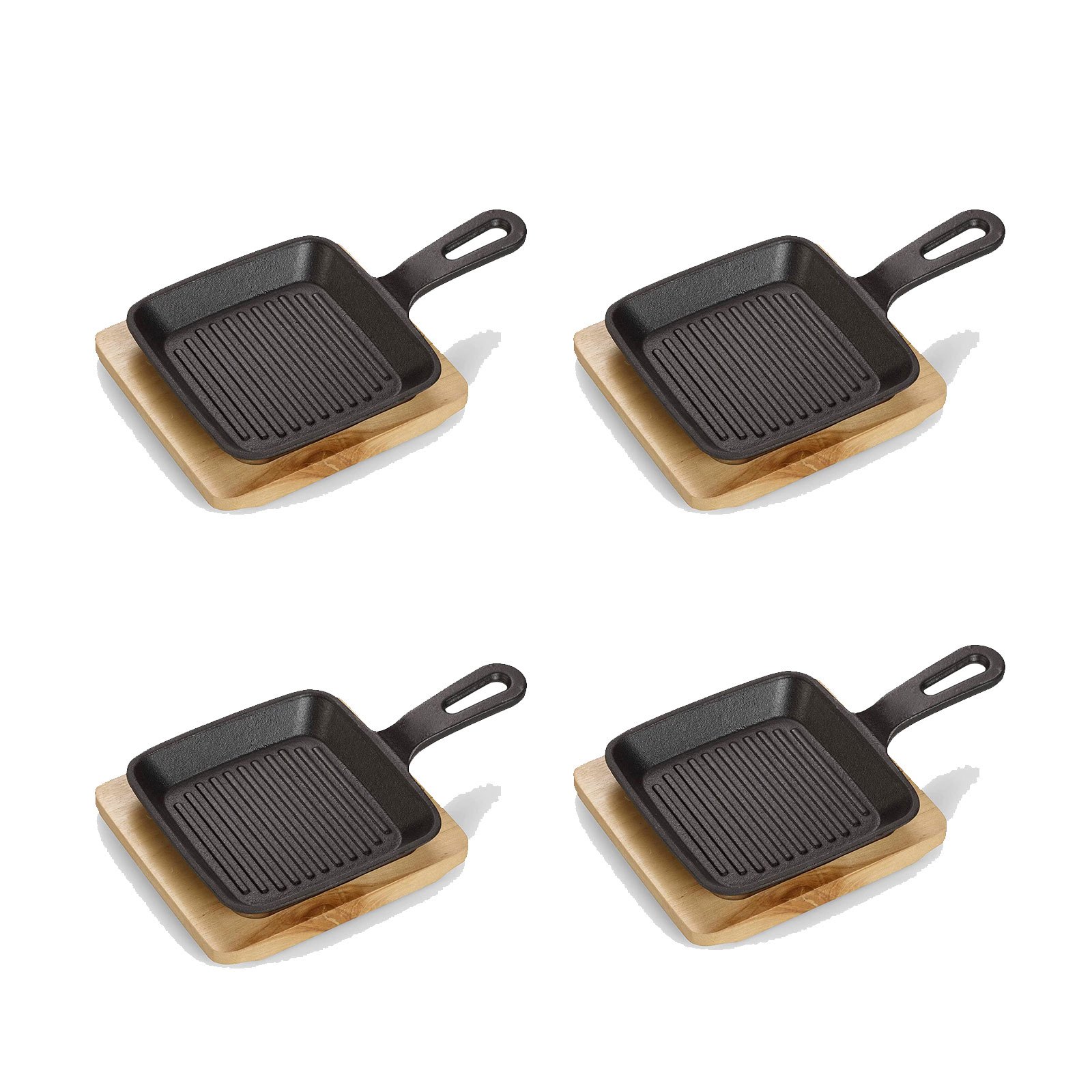 Realwork Cast Iron Serving Pan Set, Square Au Dish With Serving Board, Grill Strips, Pre-, Suitable For Ovens, Grills And Bbq, Ideal For Serving, 4pcs