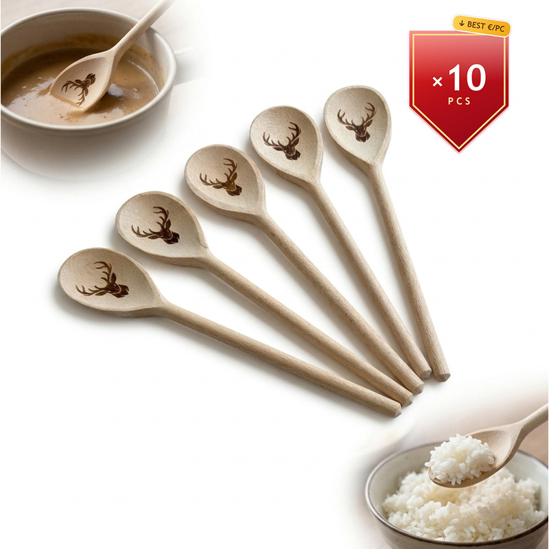 Image of Set Of 10pcs: Swedish Cooking Spoons Made Of Wood, With Roe Deer Engraving