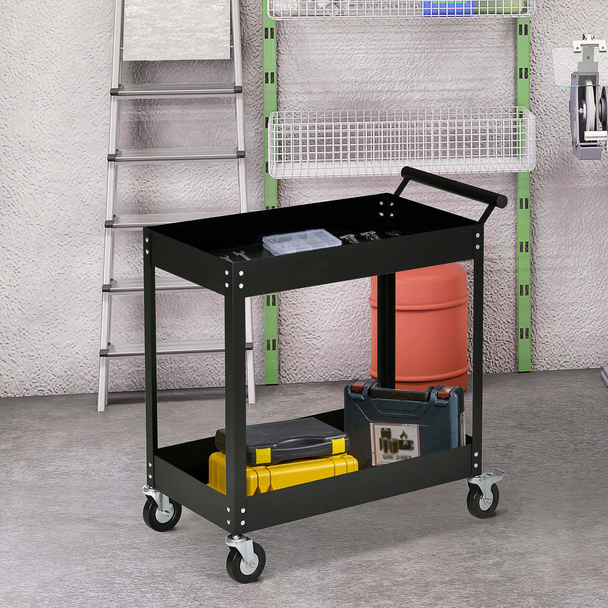 Image of 2-story Durhand Workshop Trolley, Empty Tool Trolley, Transport Trolley, Side Handle, 4 Wheels, Steel, Load Capacity Up To 150 Kg, 84.5 X 38 X 84 Cm, Black