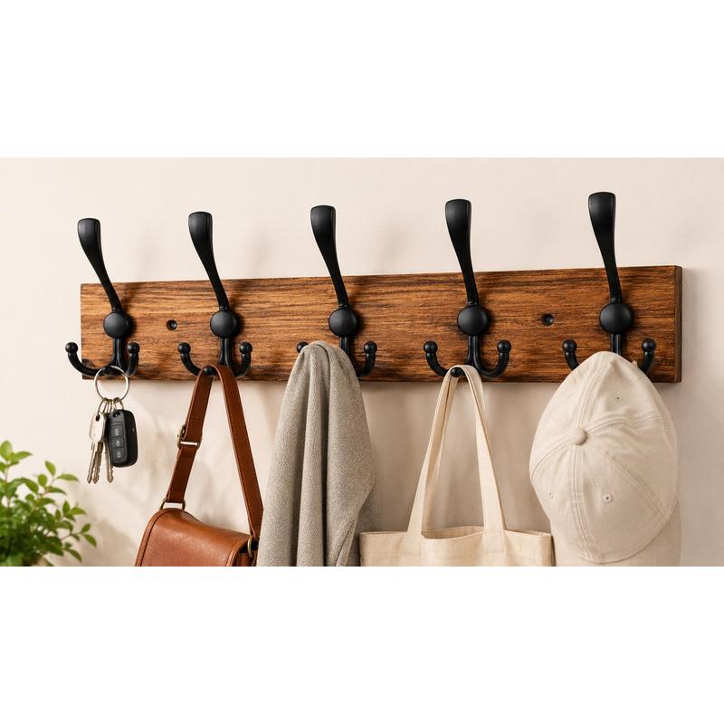 Image of Wall Coat Rack Wooden With 5 Hooks, Coat Hooks Jacket Hanger, Entryway Coat Hooks
