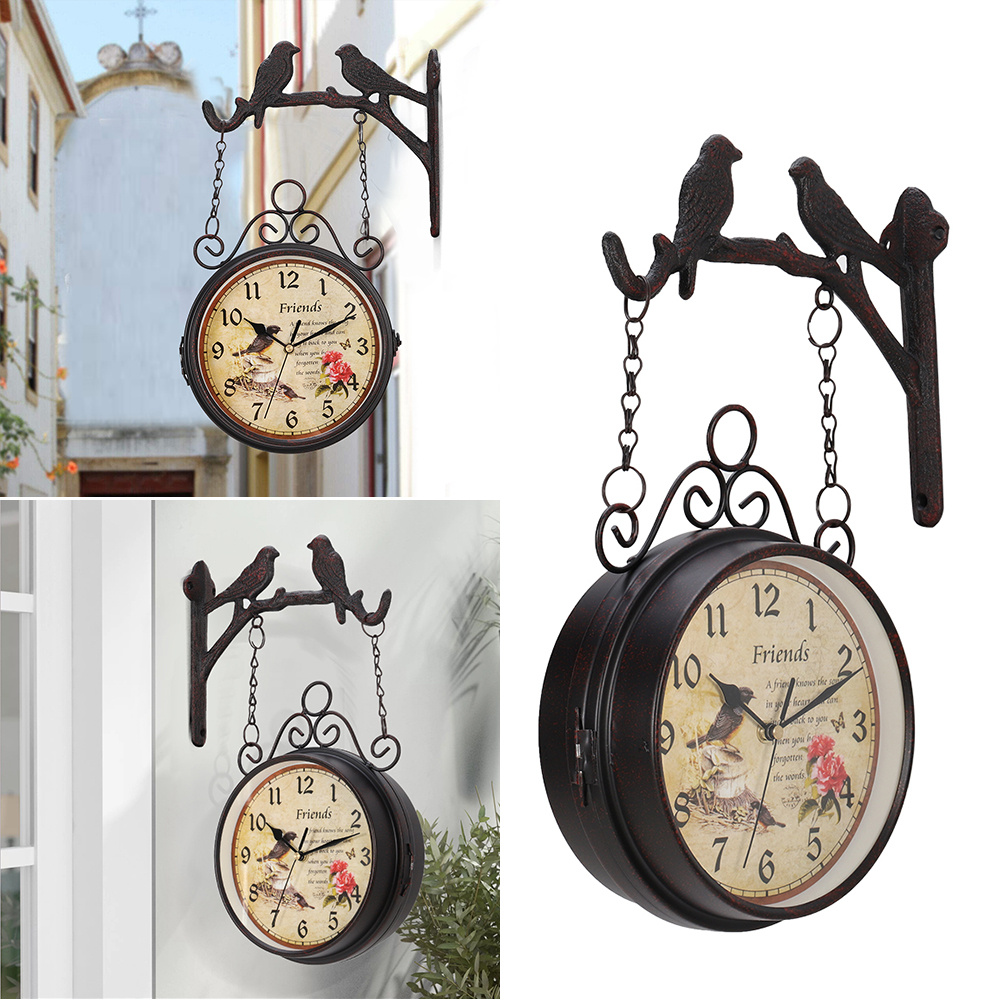 TEMU 8inch Vintage Double Sided Wall Clock, European- Wrought Iron Clock With Bracket, 2 Birds On Branch With Rose , Outdoor Garden Clock, Hanging