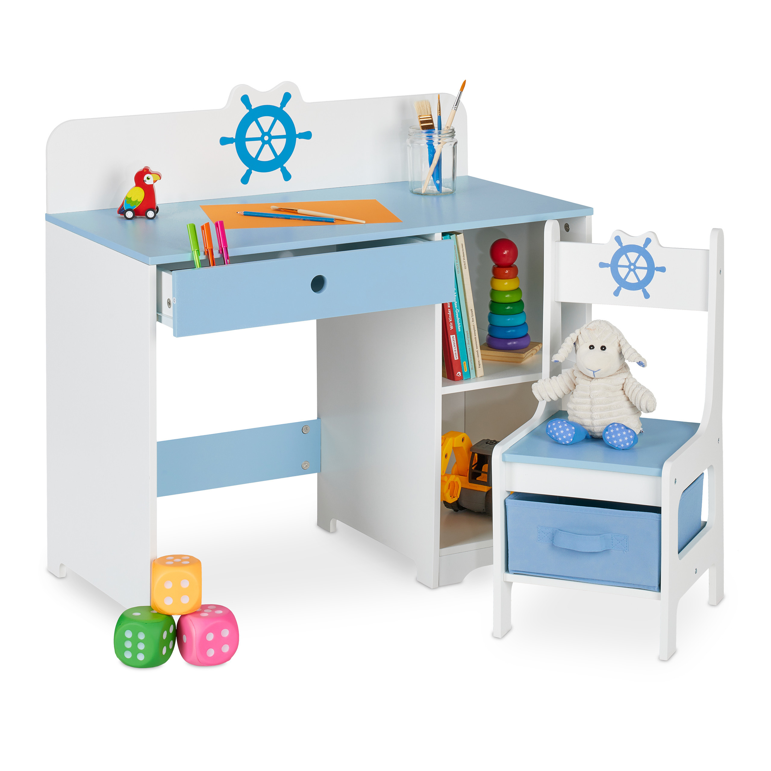 TEMU Ensemble bureau maritime, MDF, table 79.5 x 80 x 40 cm, chaise 60.5 x 28.5 x 29 cm, blanc et bleu, tiroir, 2 compartiments , boîte de rangement,