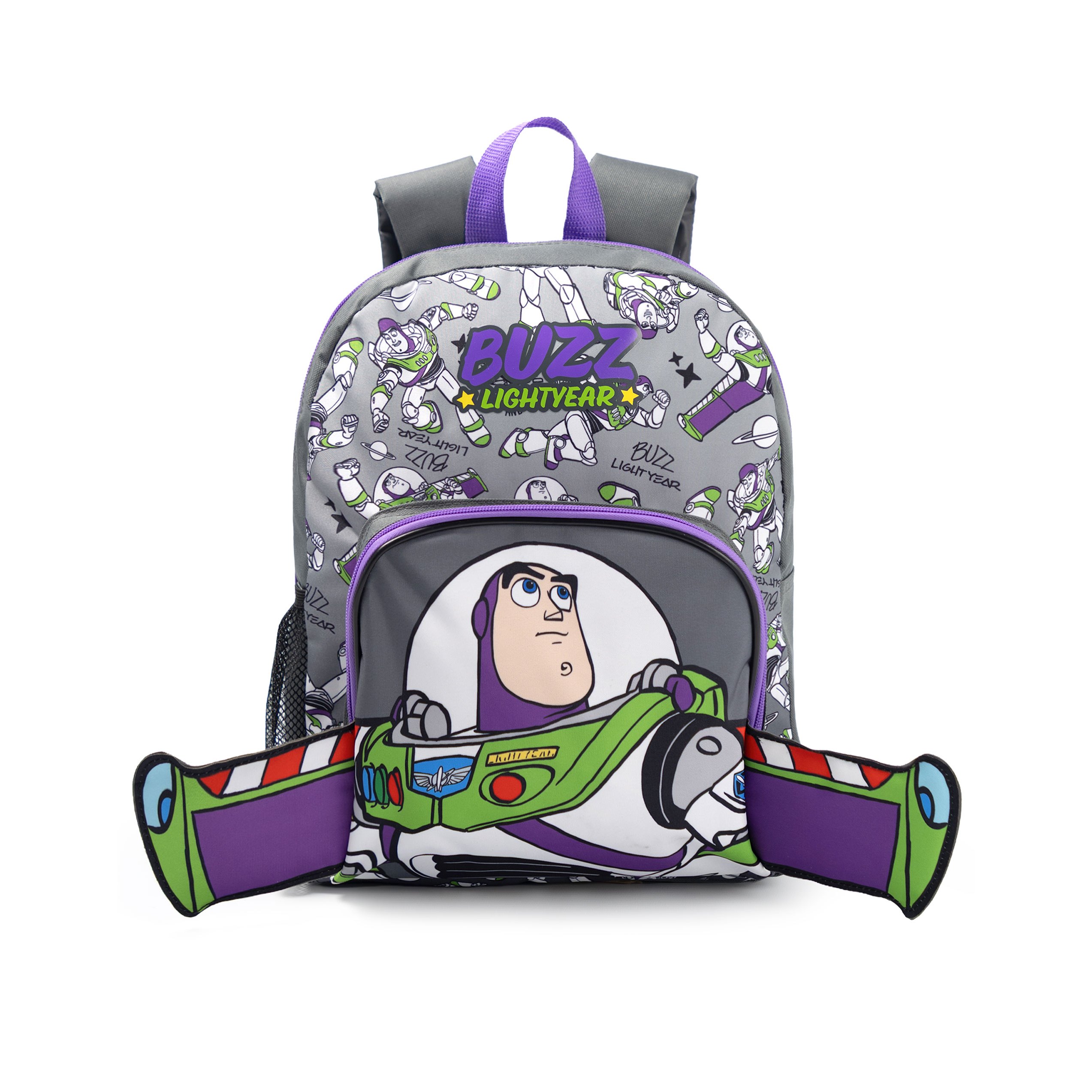 TEMU Lightyear Boys Grey Backpack | Zip-up School Rucksack With 3d Character Face Front Pocket | Multiple Compartments Mesh Panel | Merch