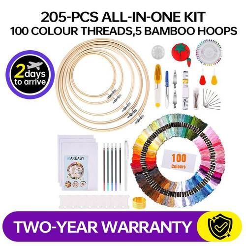 embroidery kit cross stitch kits for beginners complete 205pcs set with 100 threads 5 bamboo hoops 3 fabrics tools guide perfect cross stitch embroidery gift for kids