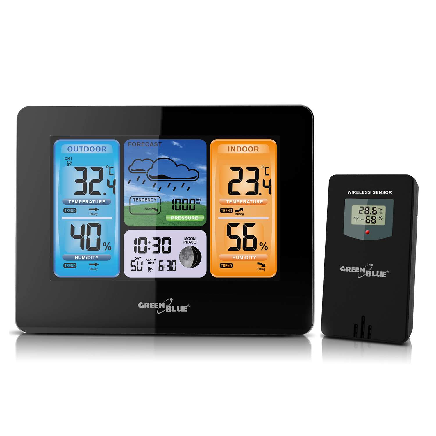 Wireless Weather Station With Dcf System, Moon Phase Pressure, Colorful Dcf Greenblue Gb526