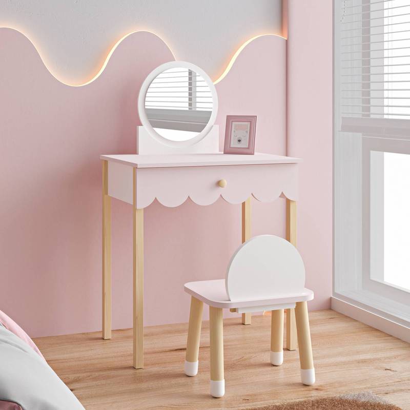 Children's Makeup Table With Chair, Vestnes With Drawer And Mirror, Cotton Candy / White