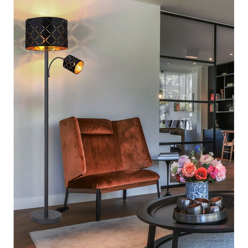 Image of Led Floor Lamp With Reading Light, Living Room Floor Lamp, Reading Light, Ceiling Fluter, Black Gold, Flexible Reading Lamp With Decorative Cutouts, 1x E27 1x E14 Led, Dxh 35 X 162 Cm