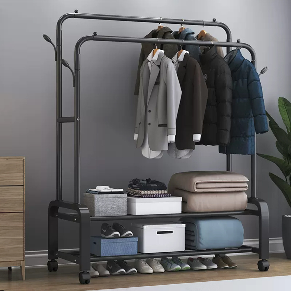 TEMU Freestanding Metal Clothes Rail Mobile Garment Coat Stand With 2 Tiers Storage Shoe Shelf, Large Capacity Clothes Dressing Hanging Rack Display