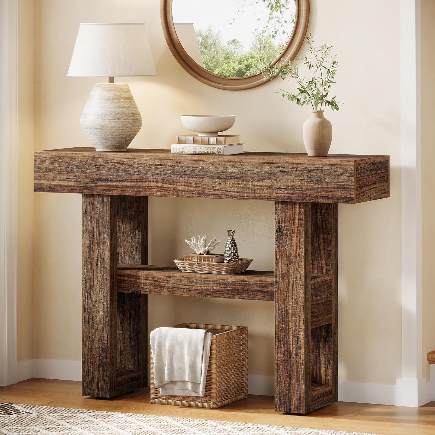 Image of 105cm Farmhouse Console Table, 2 Tier Narrow Sofa Table With Storage Compartments For Behind Couch Hallway Foyer Living Room In Brown.