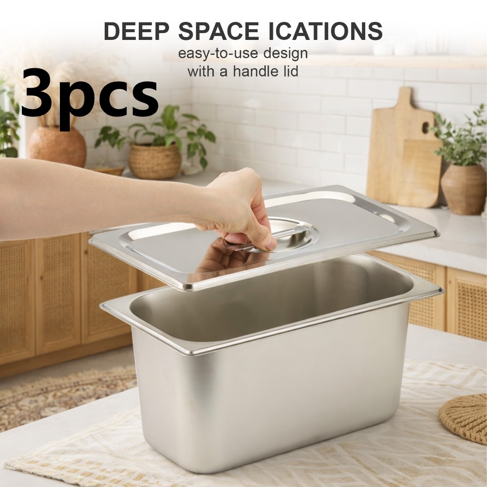 TEMU 3pcs Stainless Steel Food Containers With Secure Lids, Durable Stackable Design Perfect For Commercial Industrial Use, Restaurant Buffet Trays