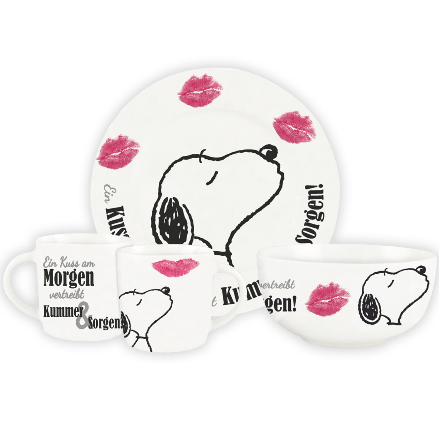 E-shop The Peanuts Frühstücksset Snoopy - Ein Kuss am Morgen, vertreibt & Sorgen! Geschirr Set 3-teilig Teller, Schale & Tasse aus Porzellan Weiß